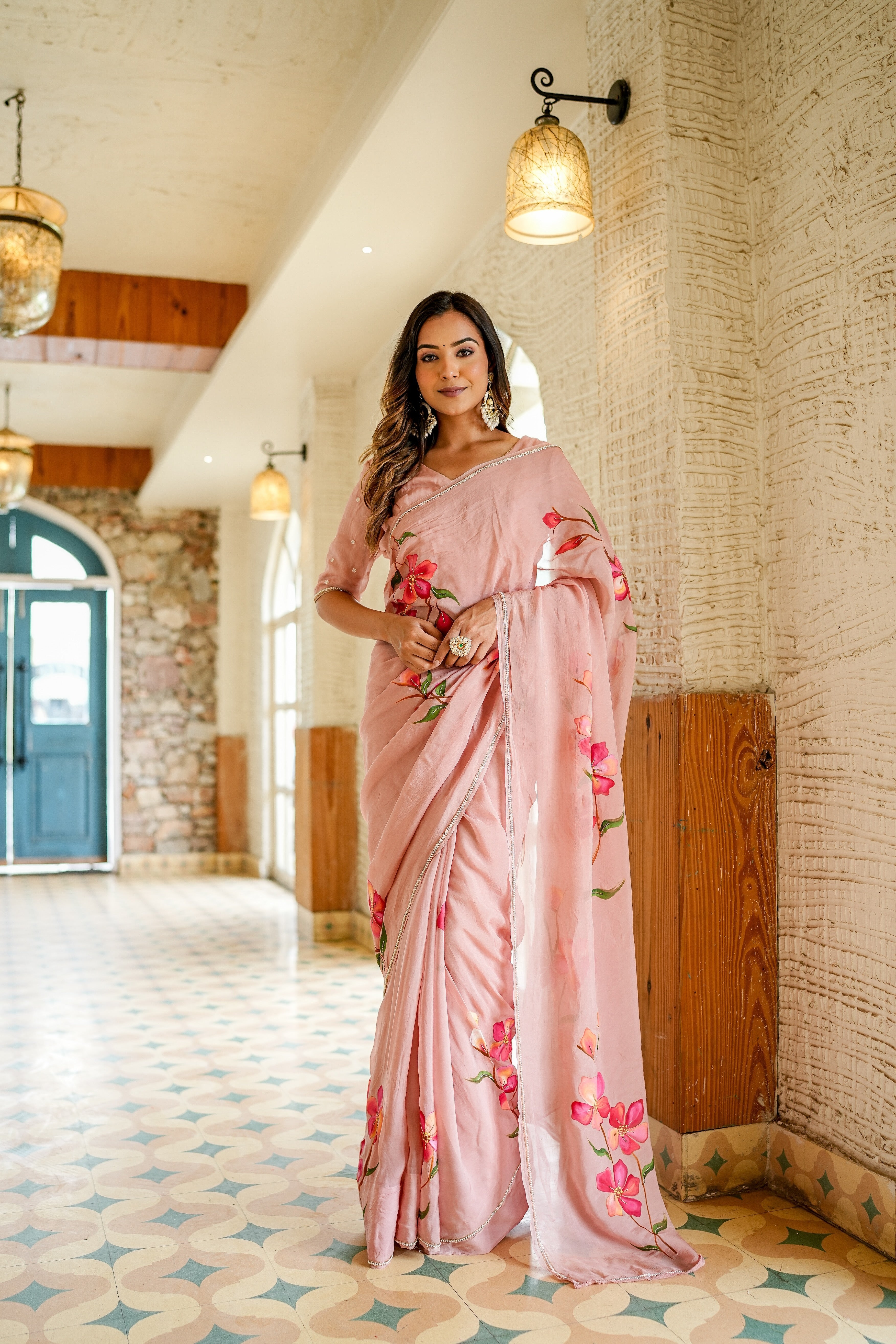 Exquisite Pink Organza Handpainted Hand Embroidered Saree Floral