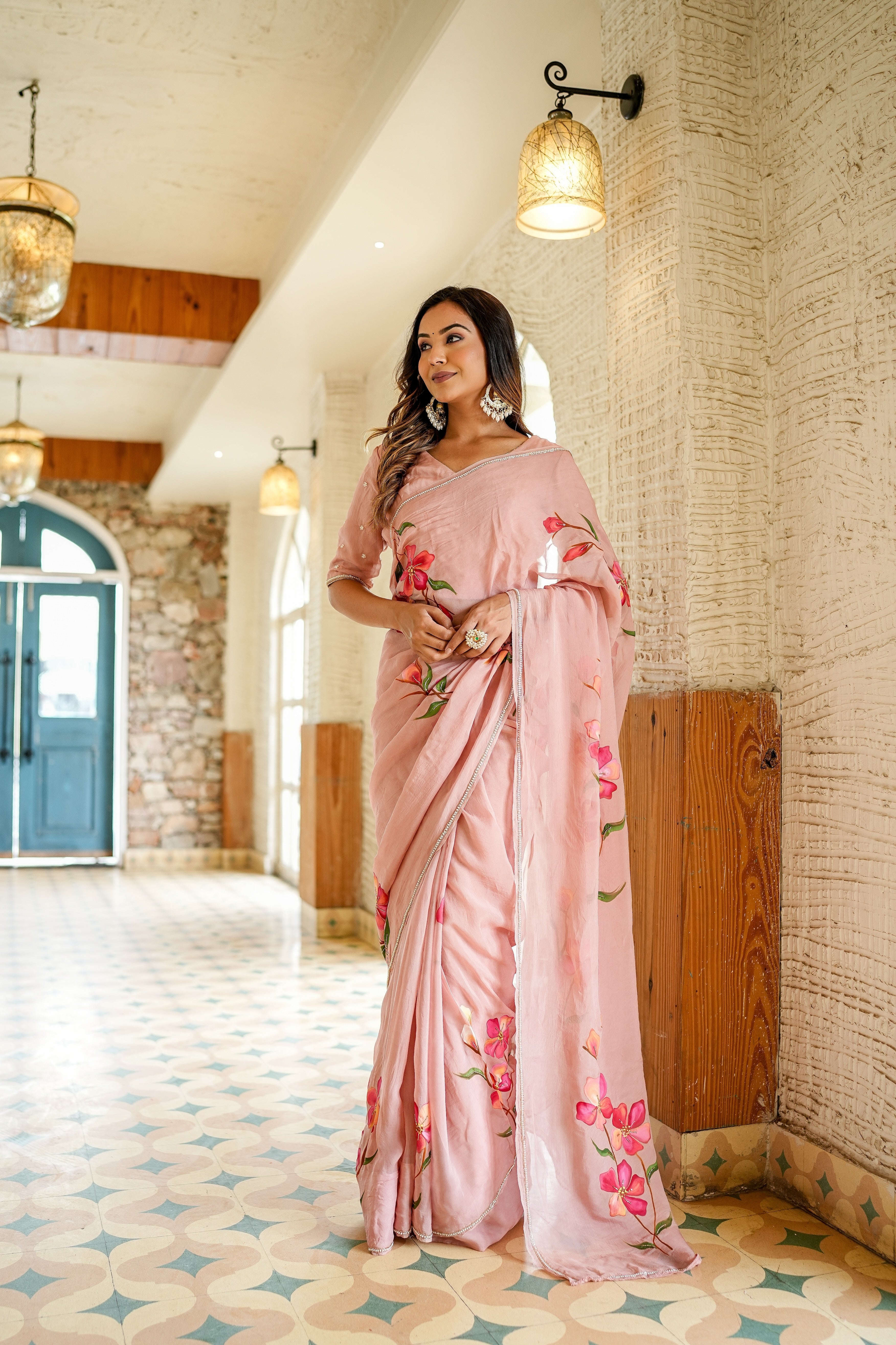 Exquisite Pink Organza Handpainted Hand Embroidered Saree Floral
