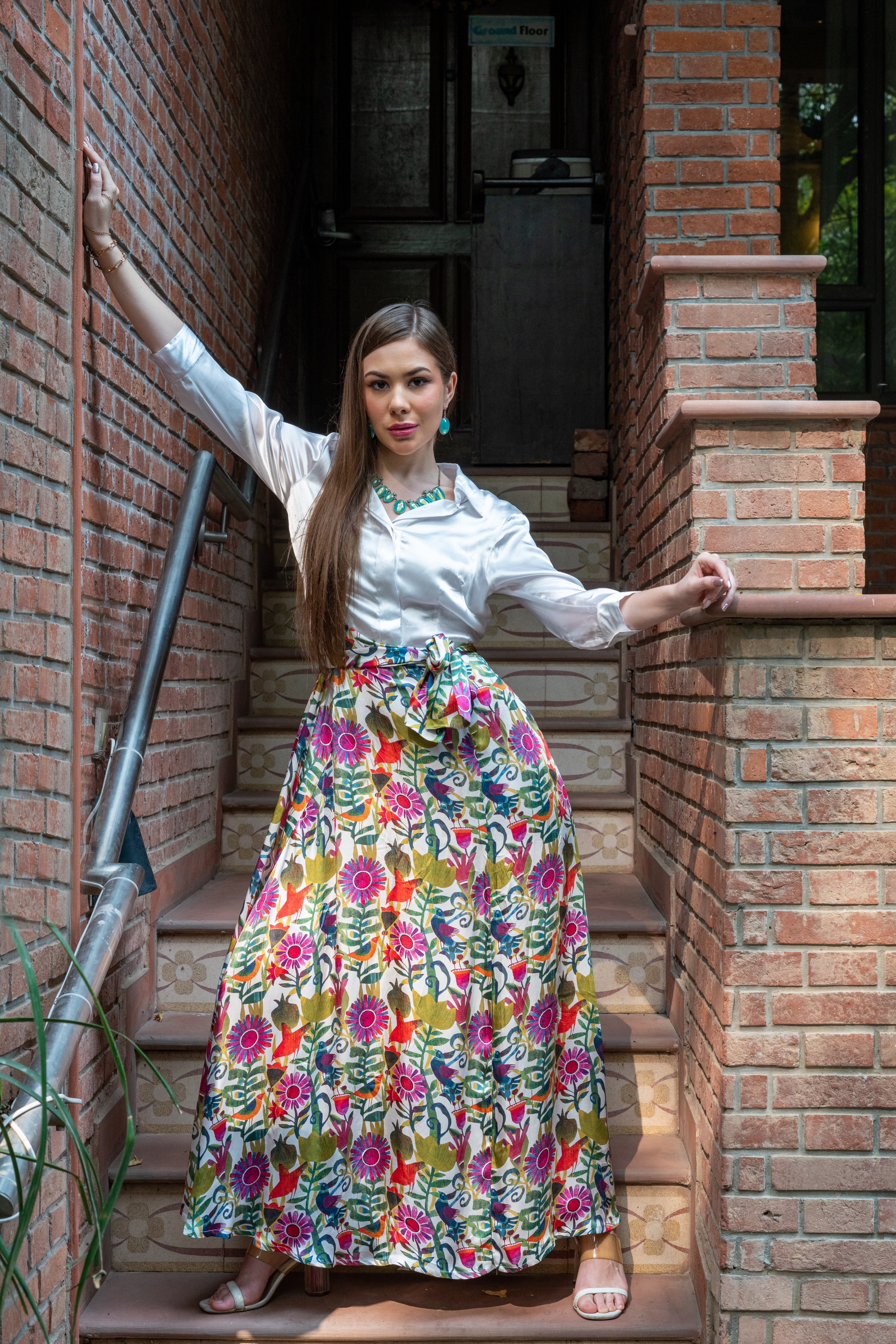 Elegant White Multicolor Bamburgh Satin Floral Skylark Dress Shirt Skirt