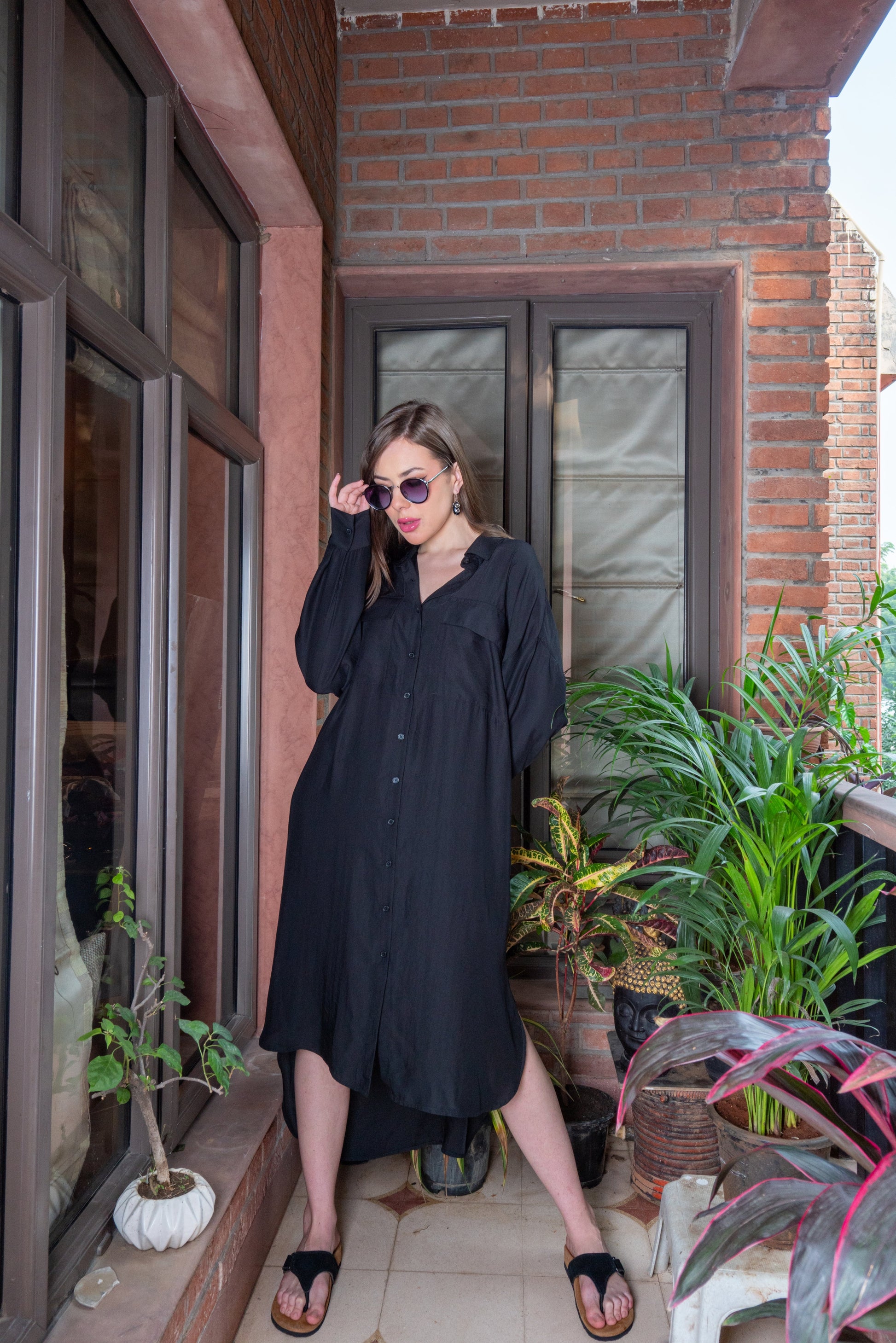 Modern Black Satin Midnight Opulence Shirt Dress