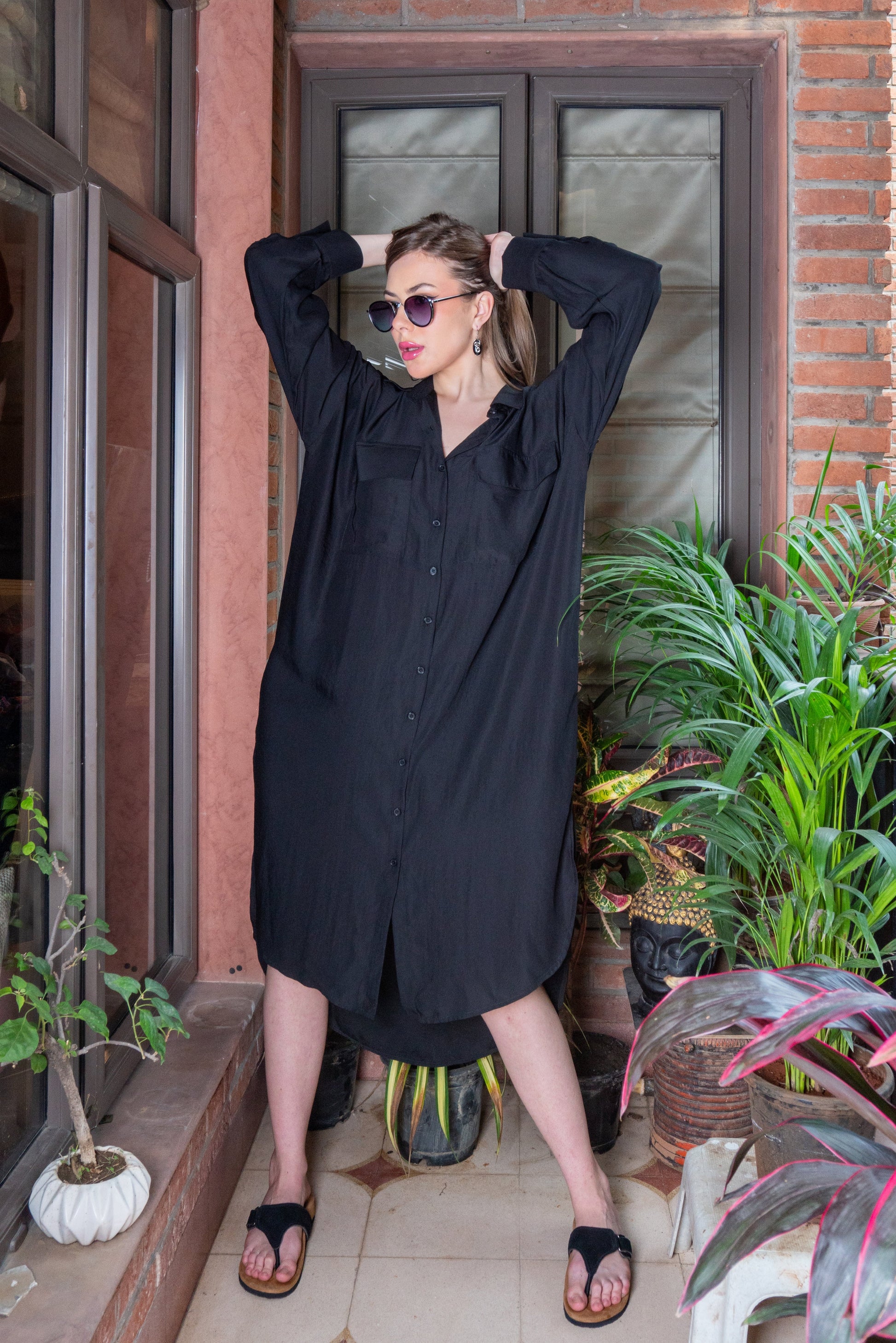 Modern Black Satin Midnight Opulence Shirt Dress
