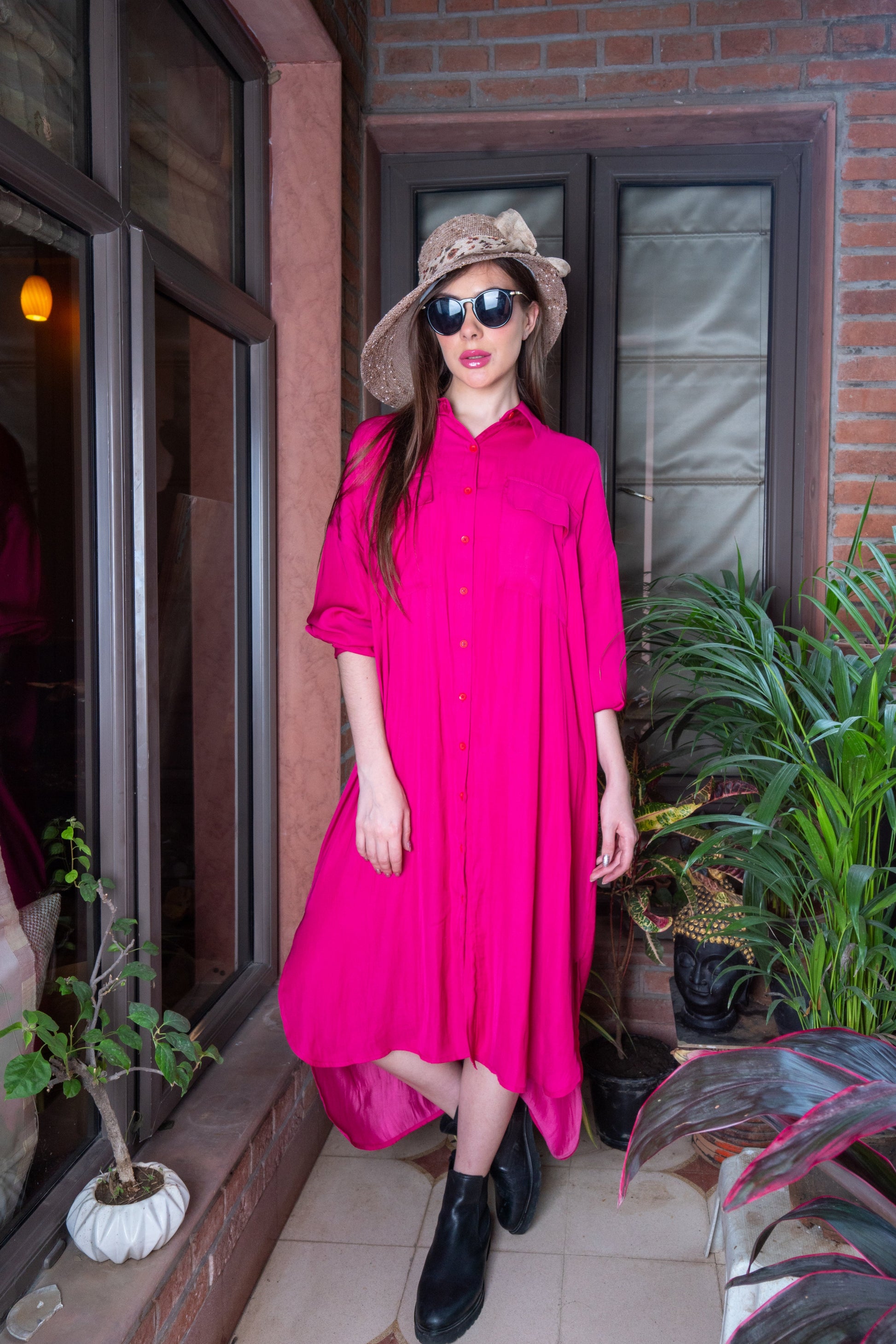 Confident Hot Pink Satin Passion Shirt Dress