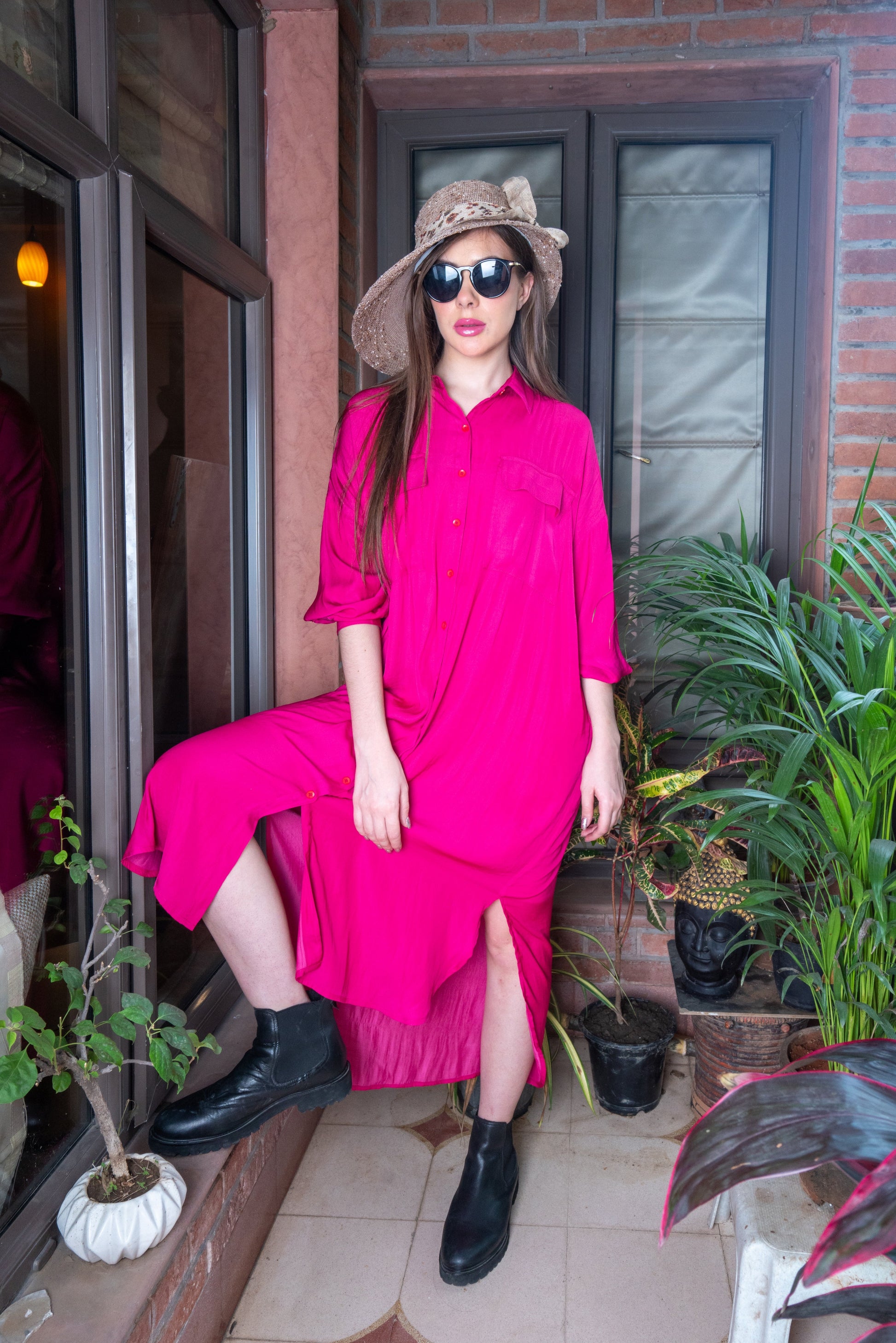 Confident Hot Pink Satin Passion Shirt Dress