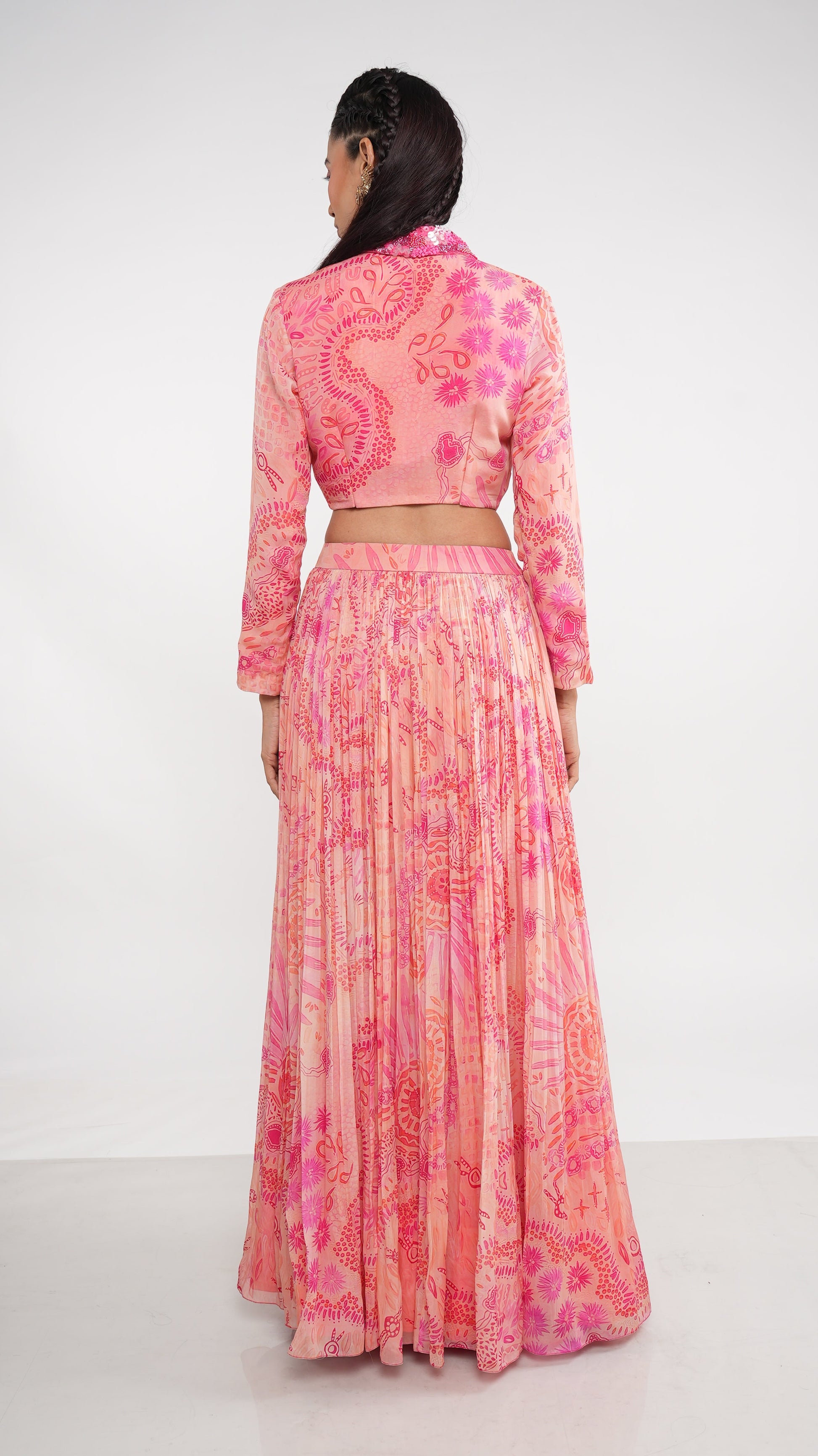 Ethereal Pink Coral Organza Juvela Crop Jacket & Pleated Skirt Set
