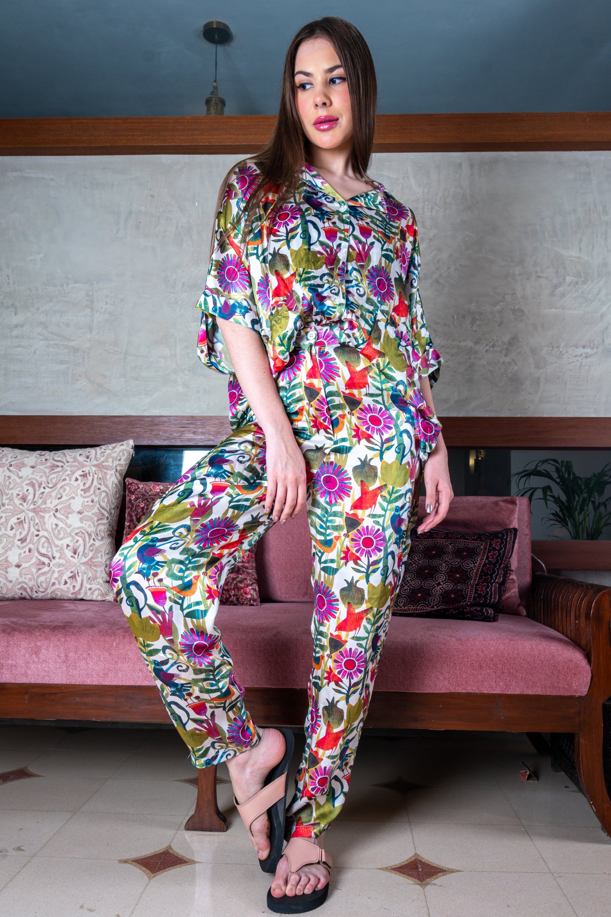 Harmonious Multicolor Satin Blossom Dream Floral Coord Set