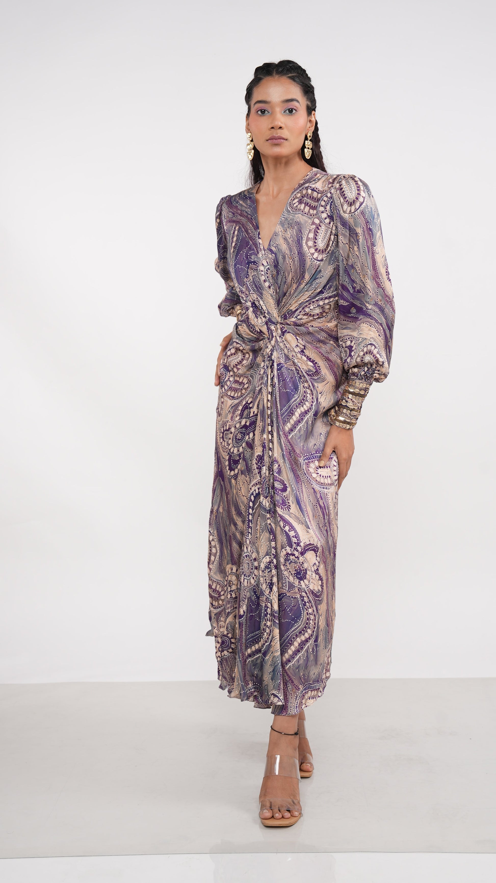 Bohemian Purple Satin Raelyn Draped Dress Gold Embroidered Cuffs