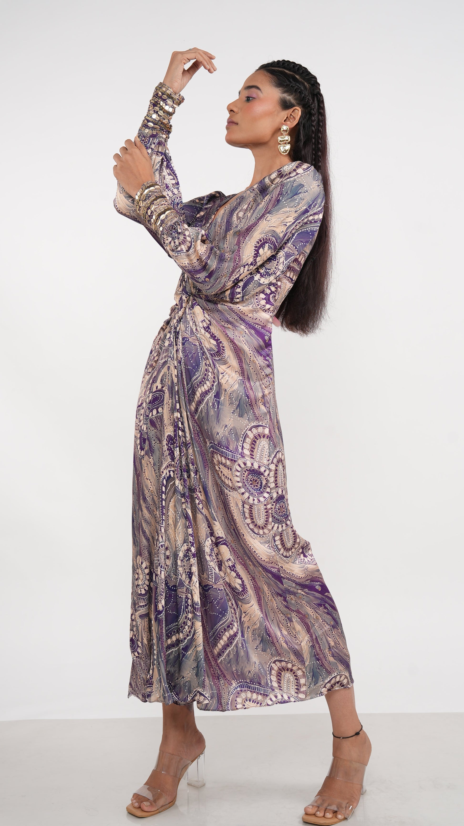 Bohemian Purple Satin Raelyn Draped Dress Gold Embroidered Cuffs