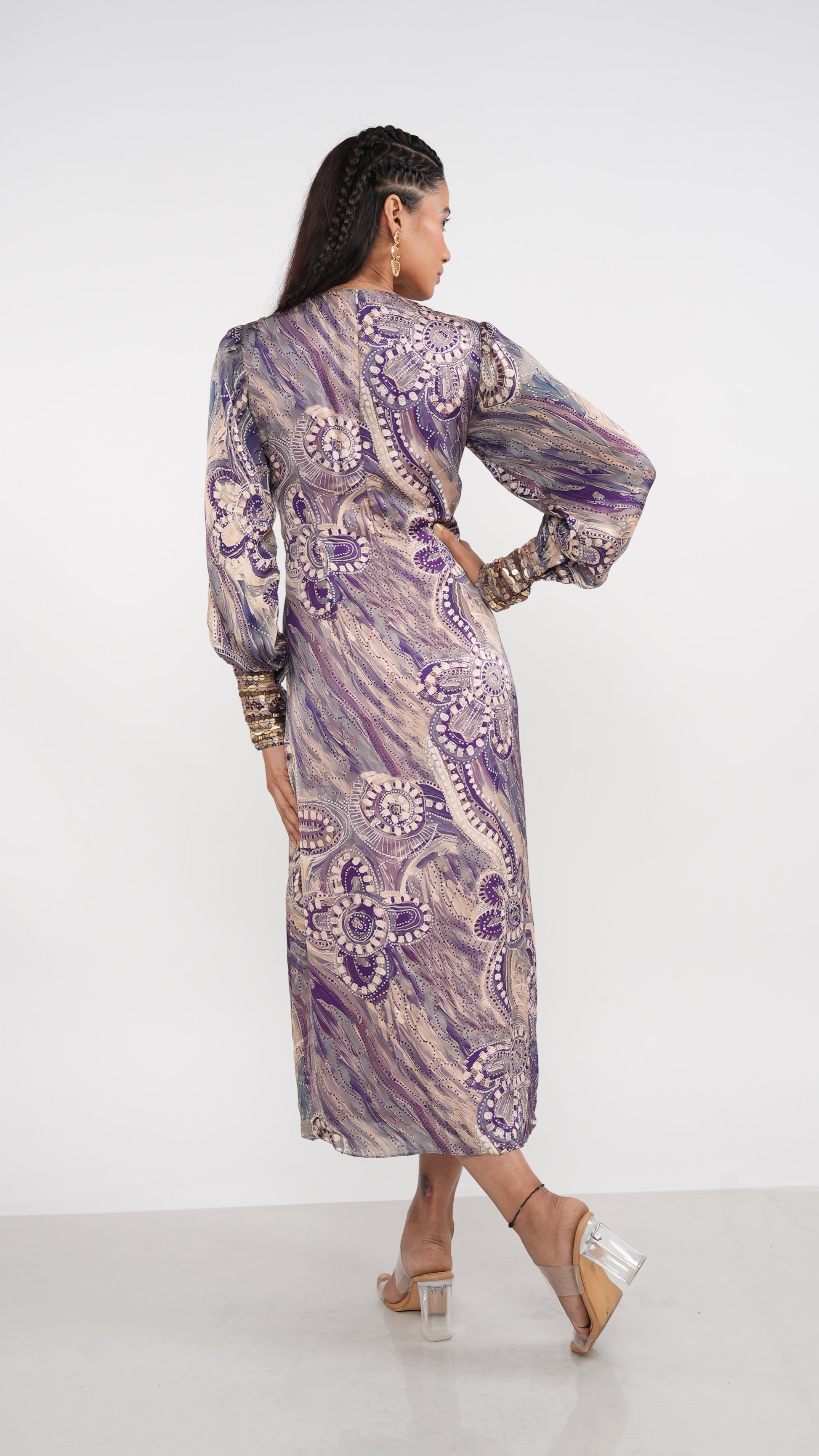 Bohemian Purple Satin Raelyn Draped Dress Gold Embroidered Cuffs