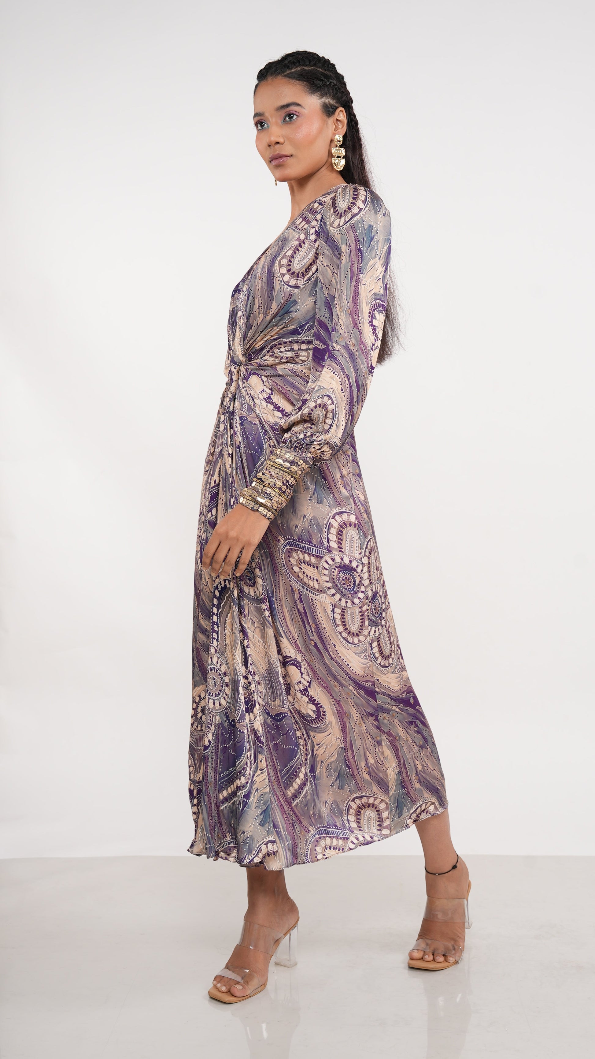 Bohemian Purple Satin Raelyn Draped Dress Gold Embroidered Cuffs