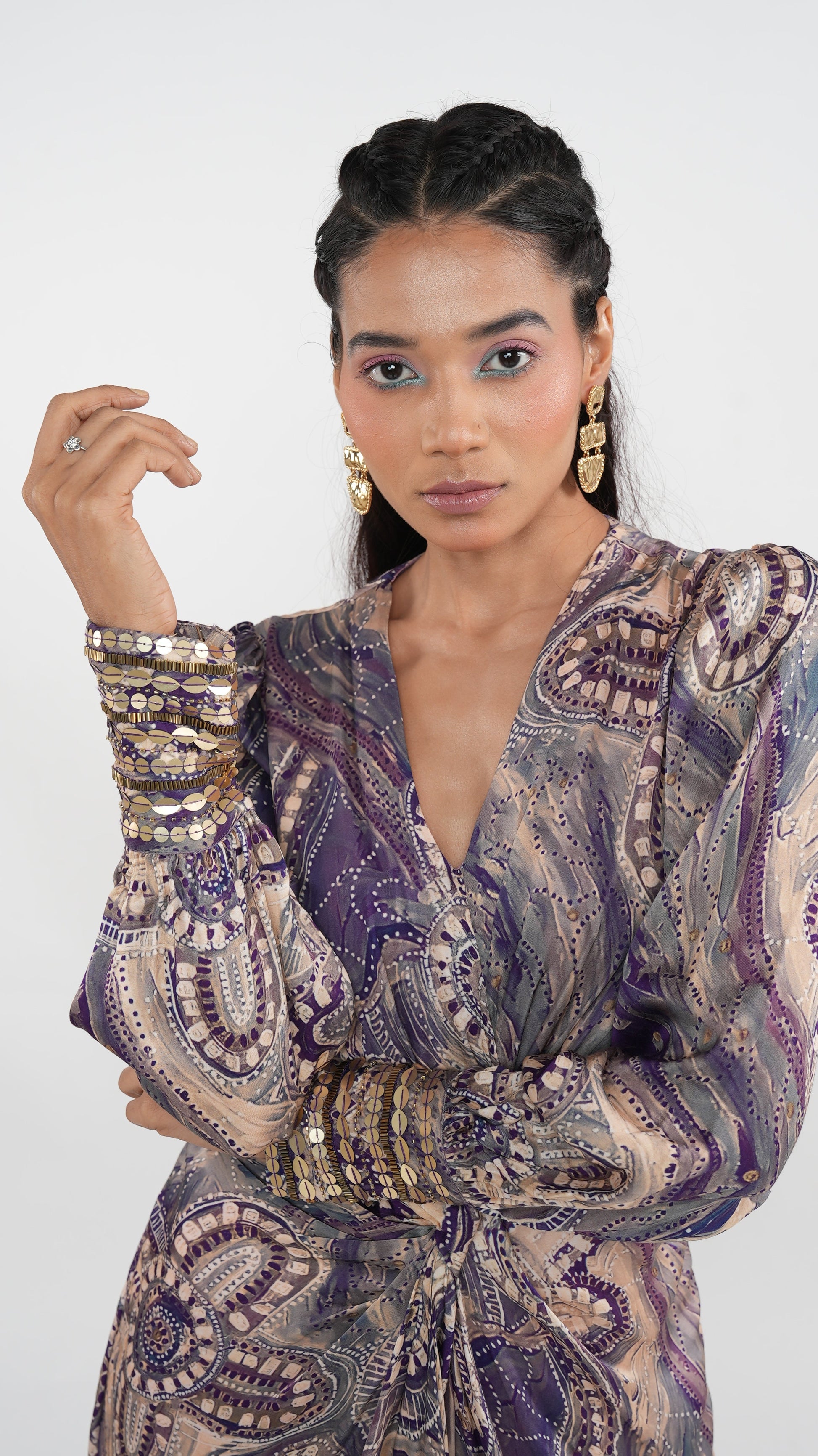 Bohemian Purple Satin Raelyn Draped Dress Gold Embroidered Cuffs