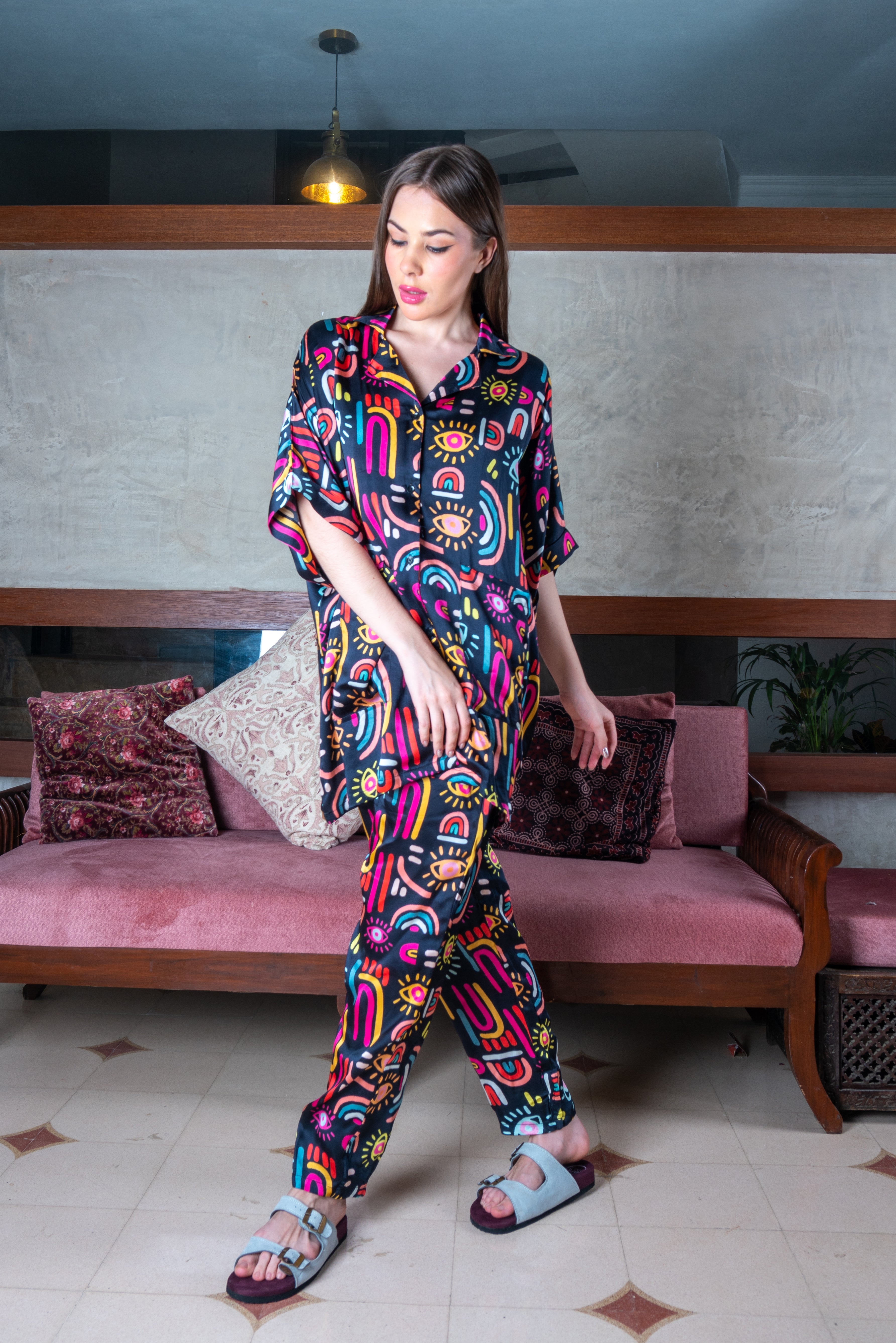 Bewitching Black Multicolor Satin Magic Rainbow Coord Set