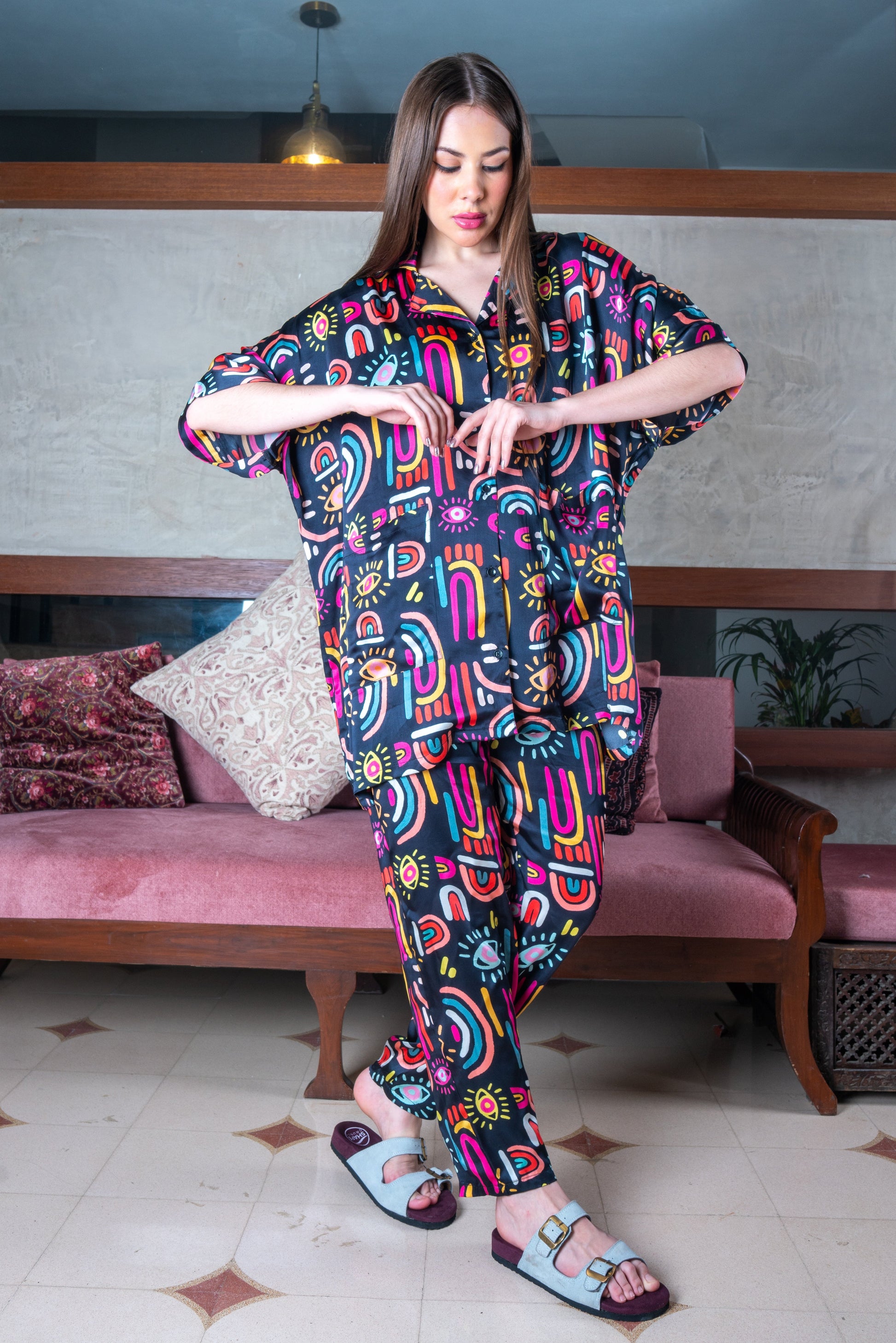 Bewitching Black Multicolor Satin Magic Rainbow Coord Set