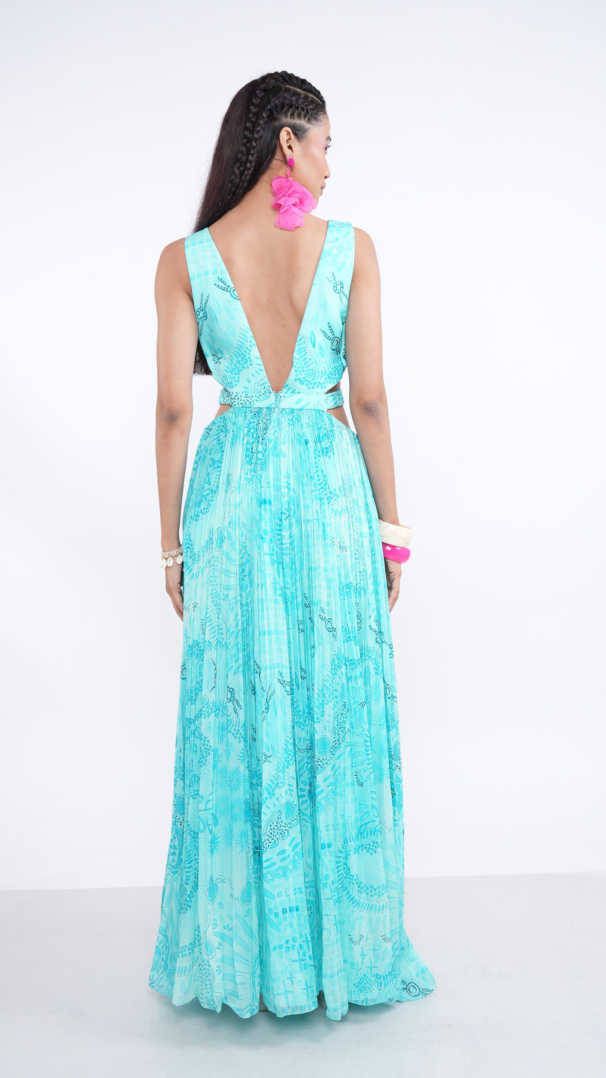 Poetic Blue Aqua Gaia Handpleated Cut-Out Maxi Dress