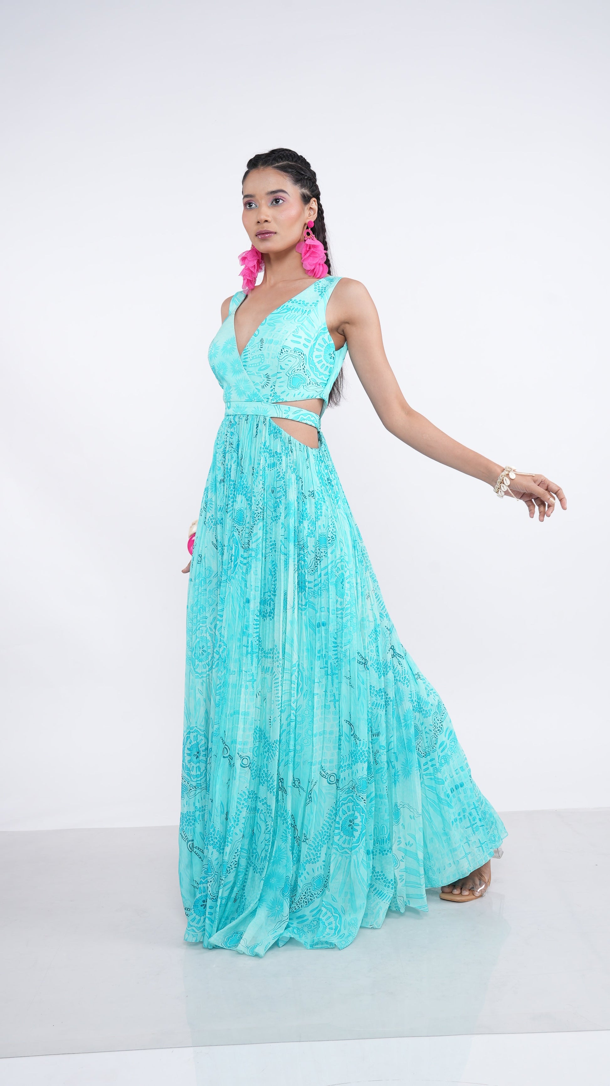 Poetic Blue Aqua Gaia Handpleated Cut-Out Maxi Dress