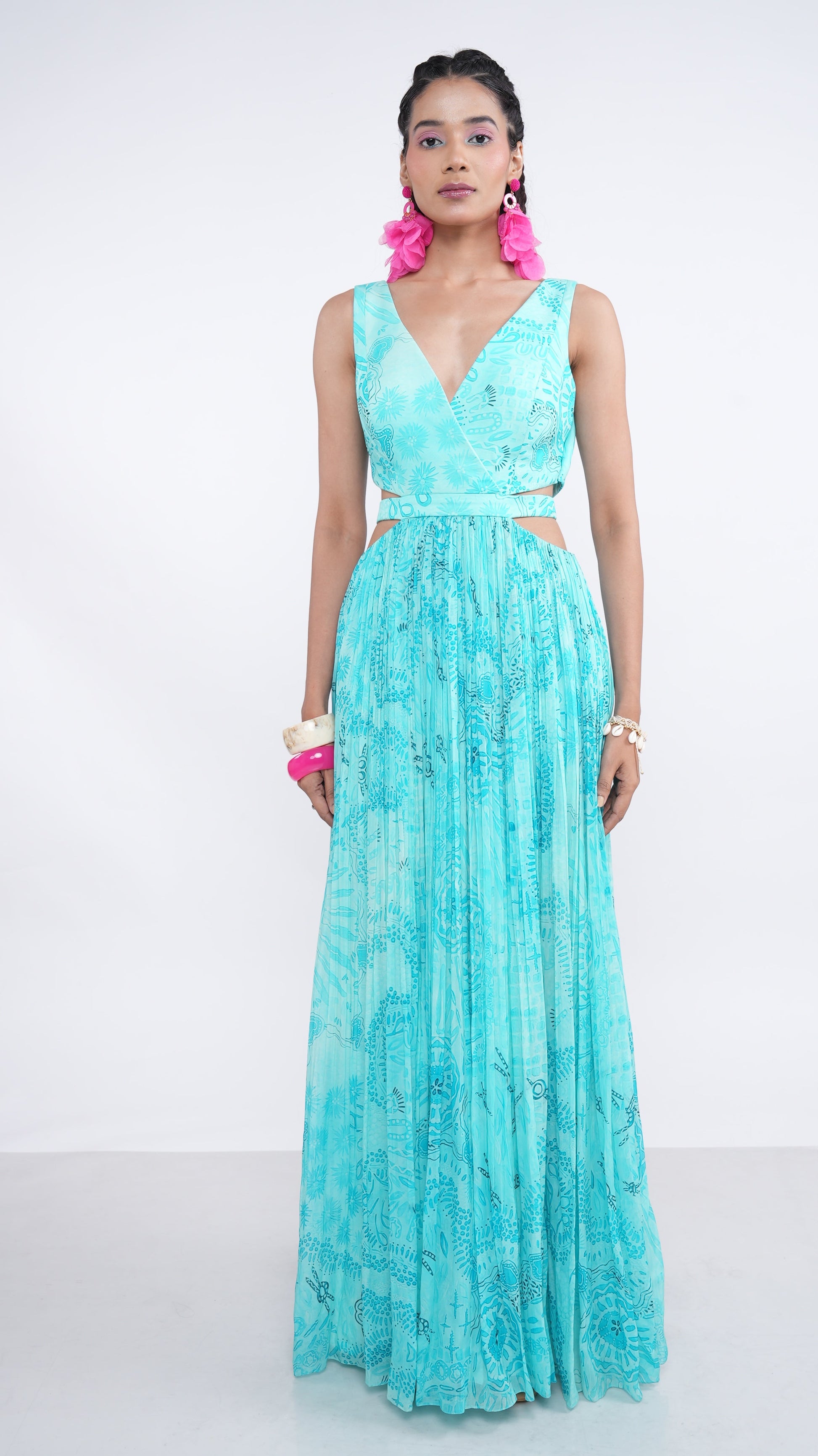 Poetic Blue Aqua Gaia Handpleated Cut-Out Maxi Dress