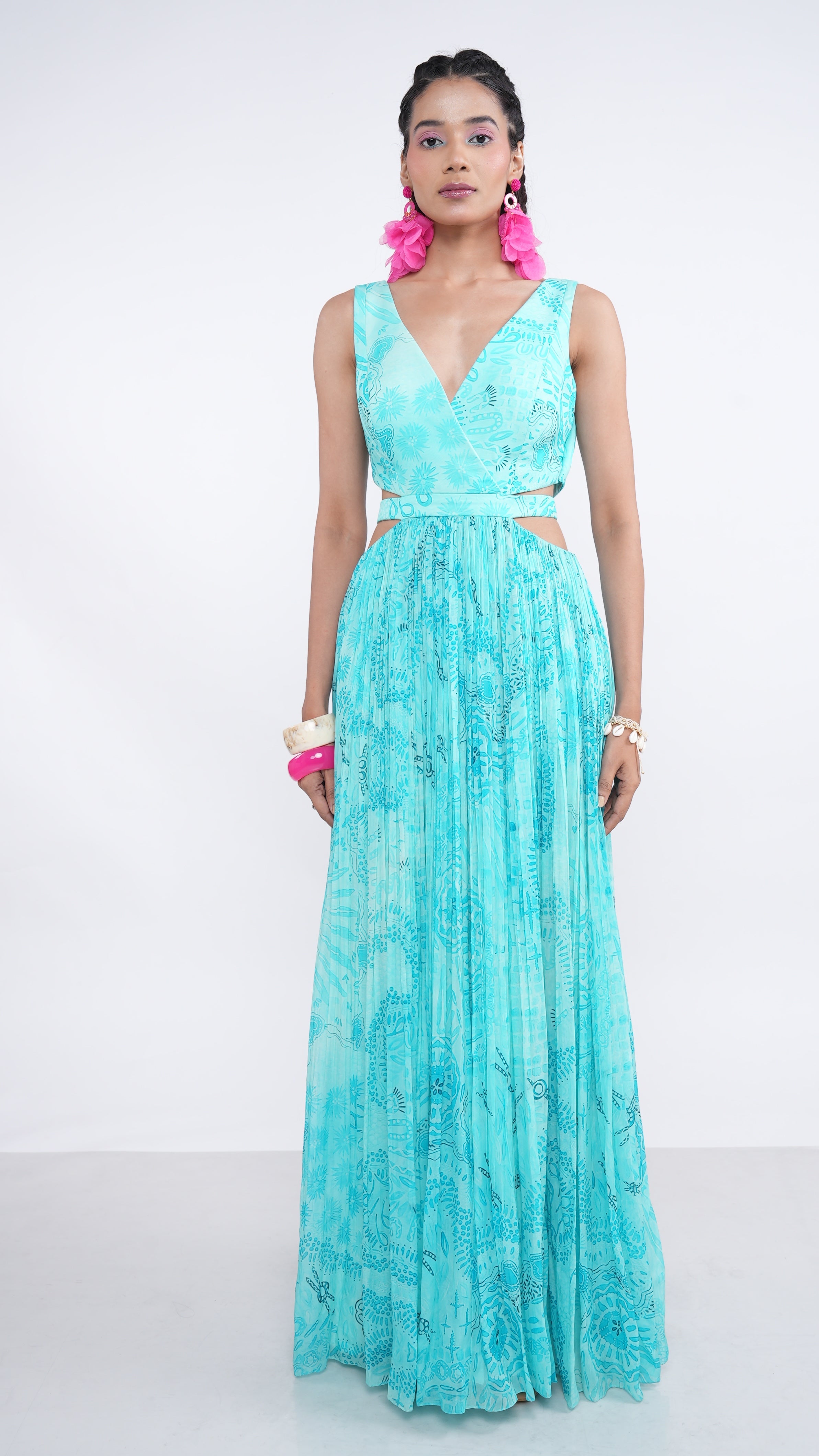 Poetic Blue Aqua Gaia Handpleated Cut-Out Maxi Dress