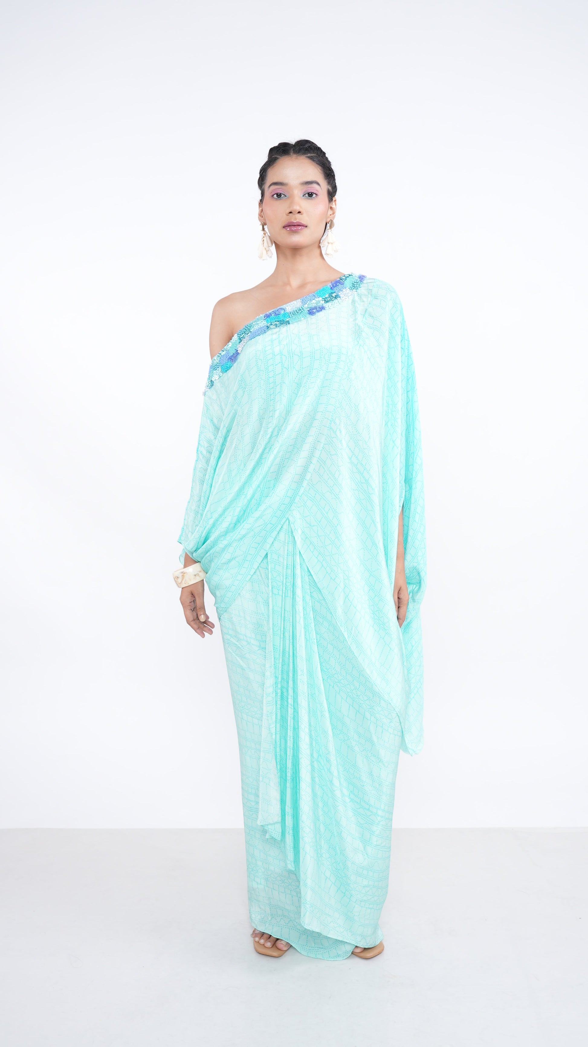 Exquisite Blue Aqua Crepe Nyura Kaftan Top & Draped Skirt Set