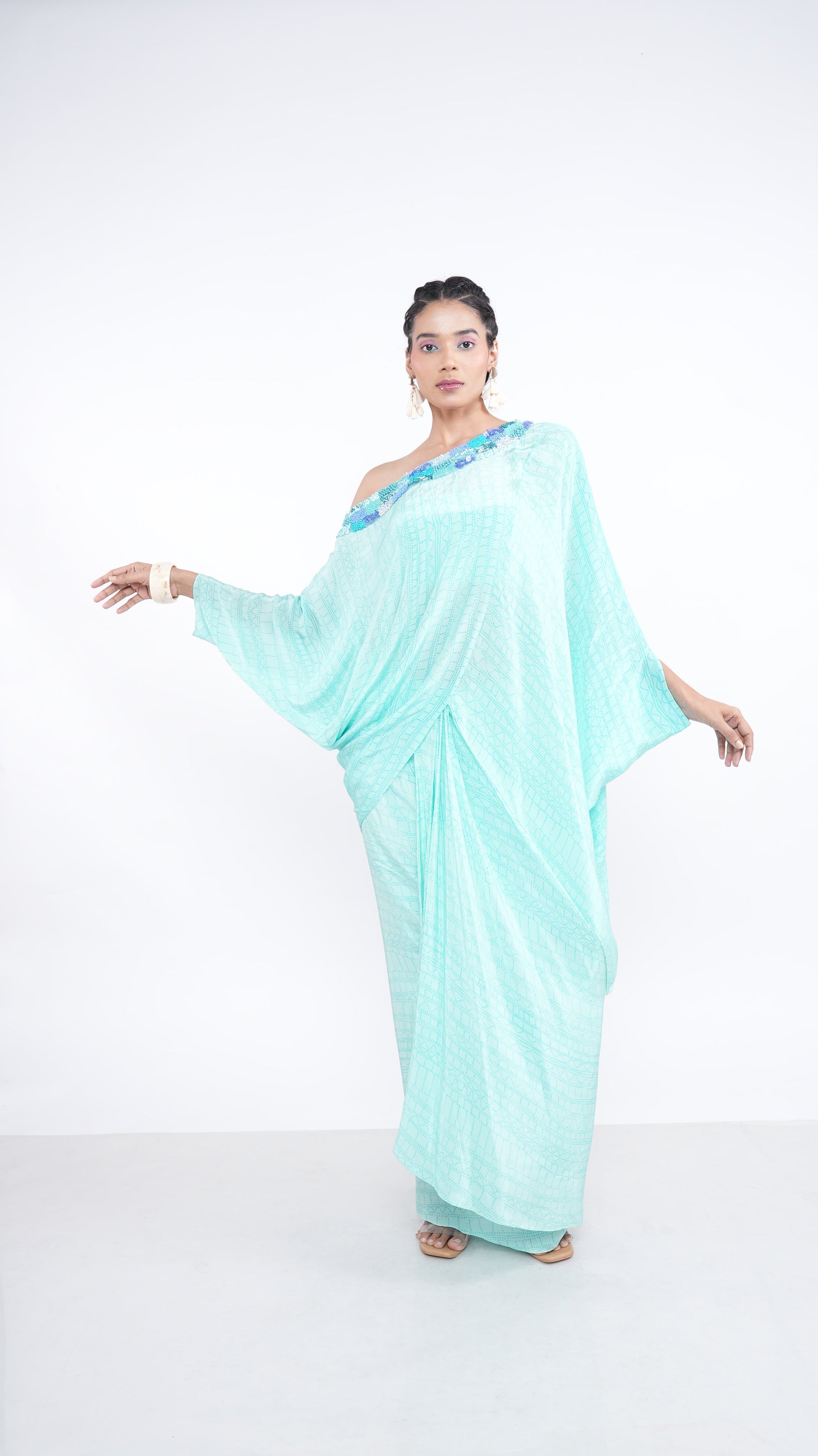Exquisite Blue Aqua Crepe Nyura Kaftan Top & Draped Skirt Set