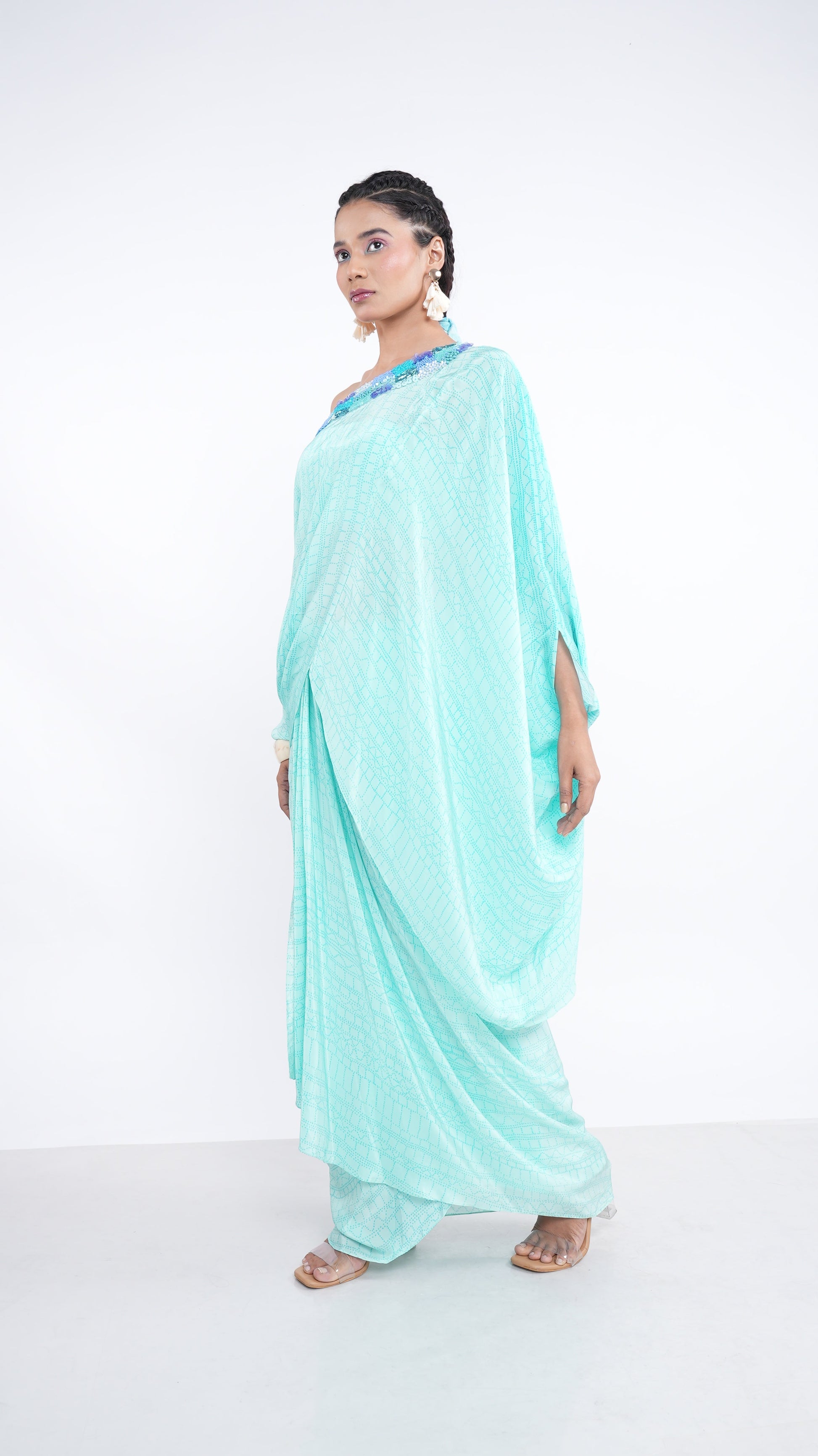 Exquisite Blue Aqua Crepe Nyura Kaftan Top & Draped Skirt Set