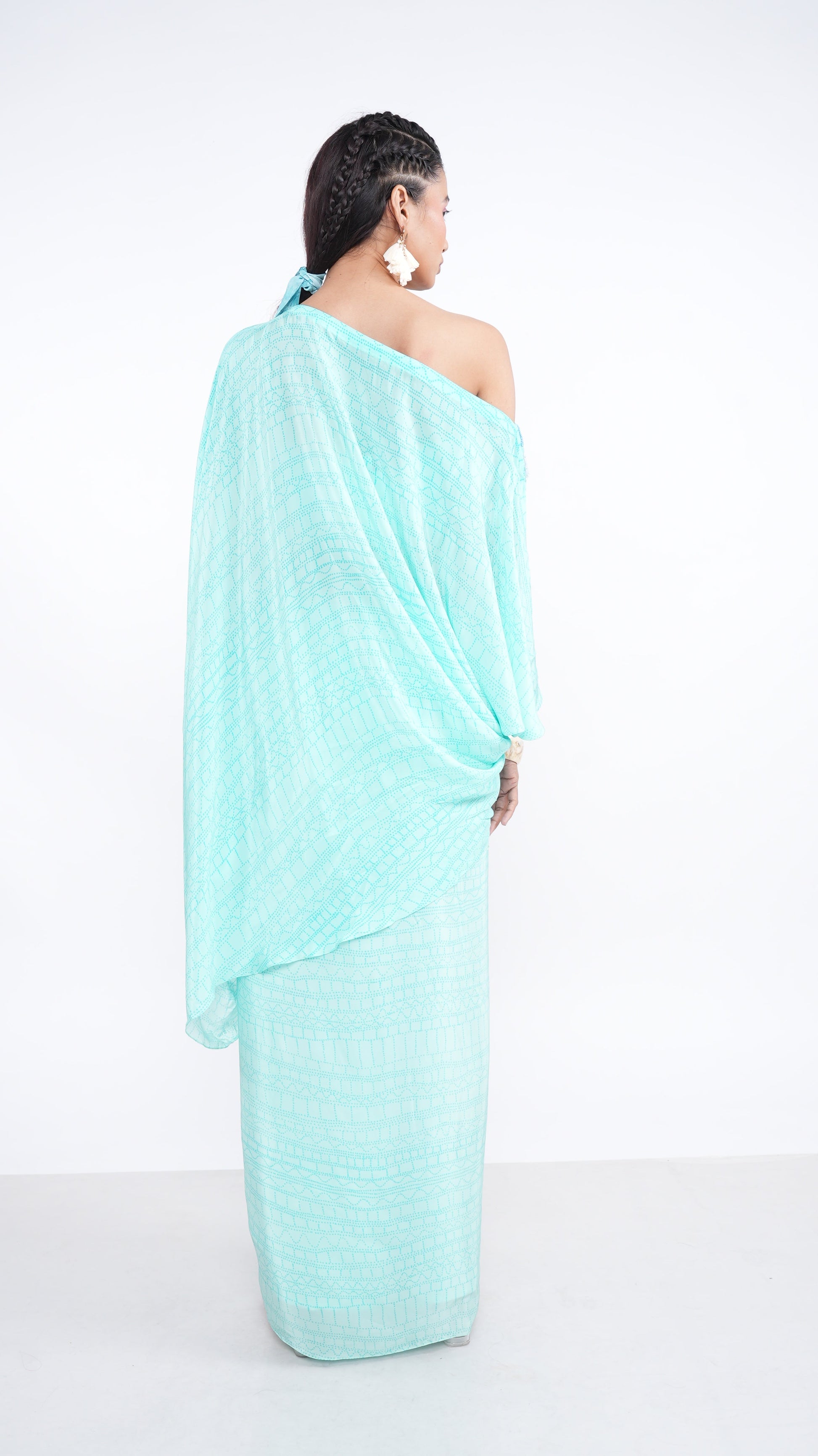 Exquisite Blue Aqua Crepe Nyura Kaftan Top & Draped Skirt Set