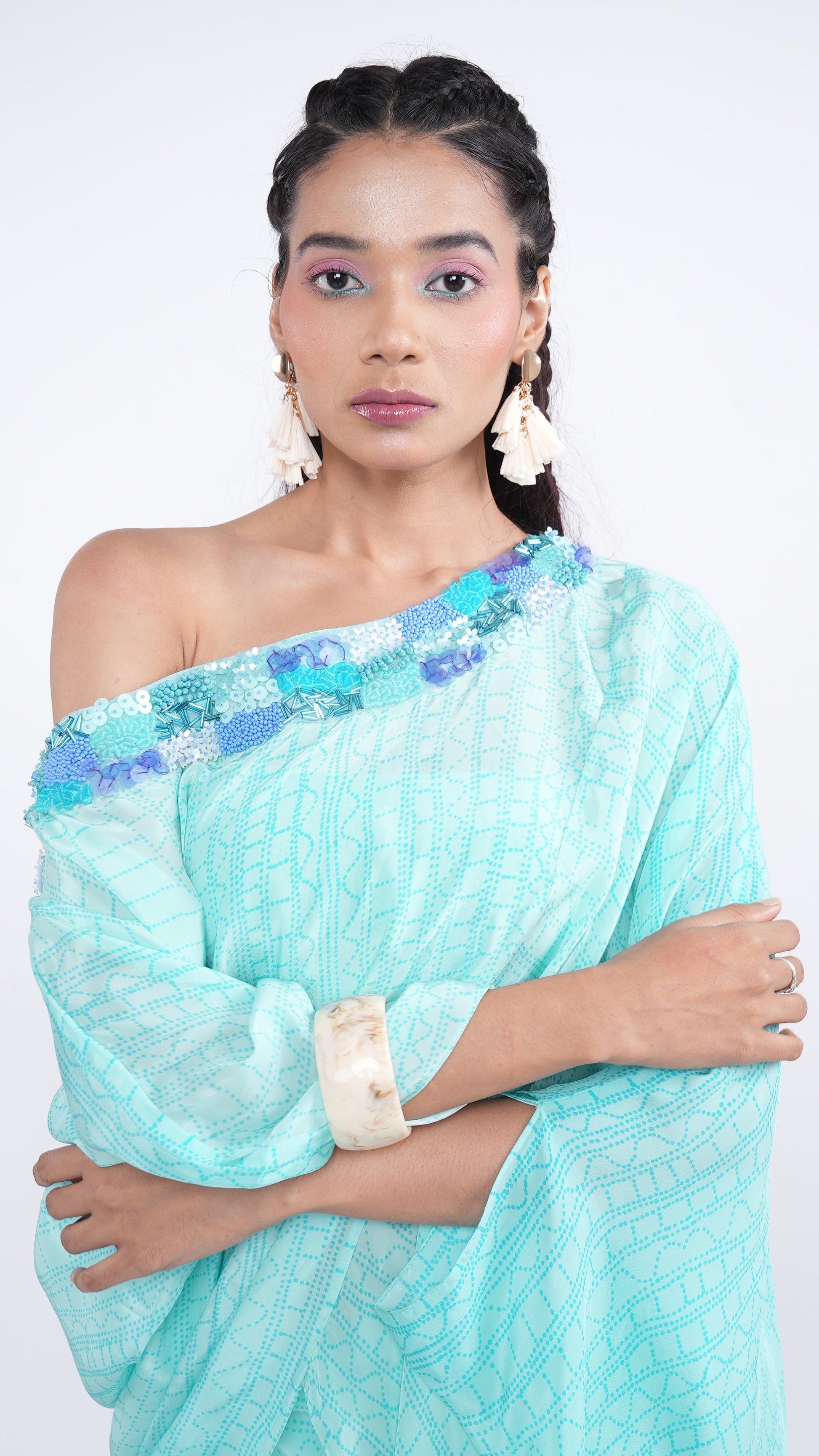 Exquisite Blue Aqua Crepe Nyura Kaftan Top & Draped Skirt Set