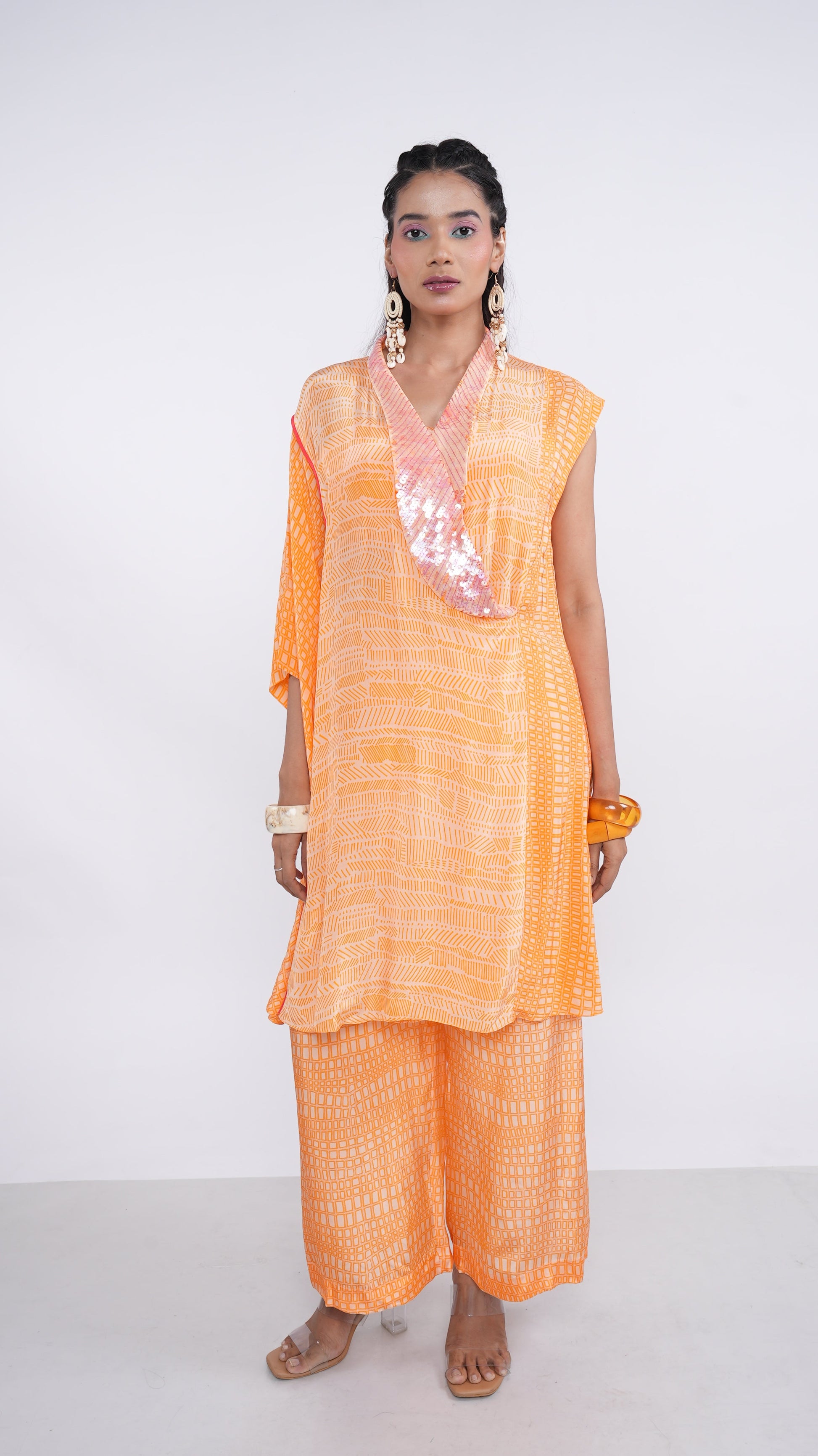 Radiant Orange Tangerine Crepe Iskra Kaftan & Wide Leg Pants Set