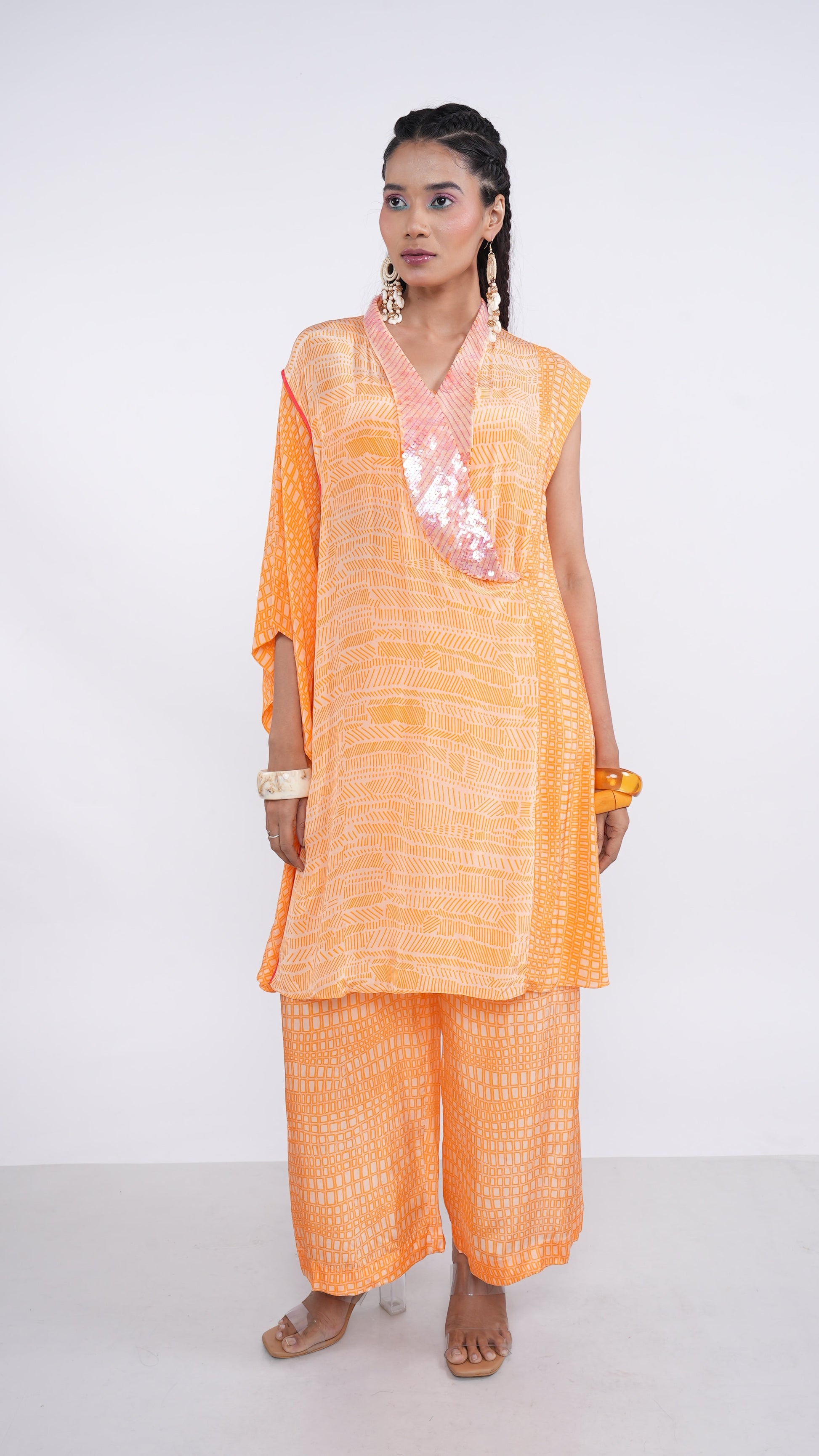 Radiant Orange Tangerine Crepe Iskra Kaftan & Wide Leg Pants Set