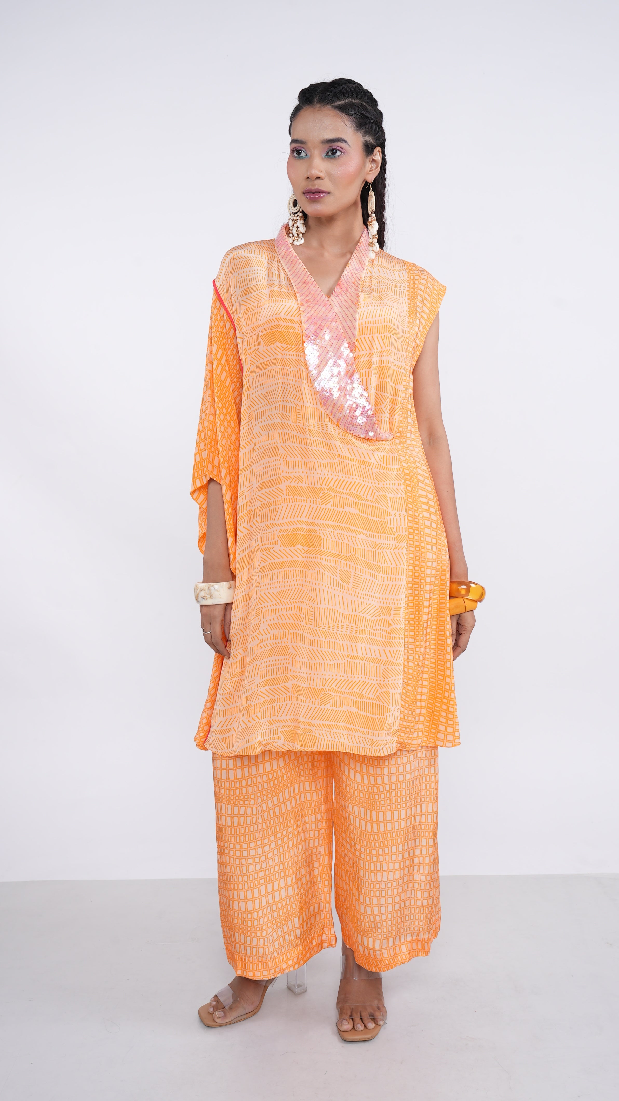 Radiant Orange Tangerine Crepe Iskra Kaftan & Wide Leg Pants Set