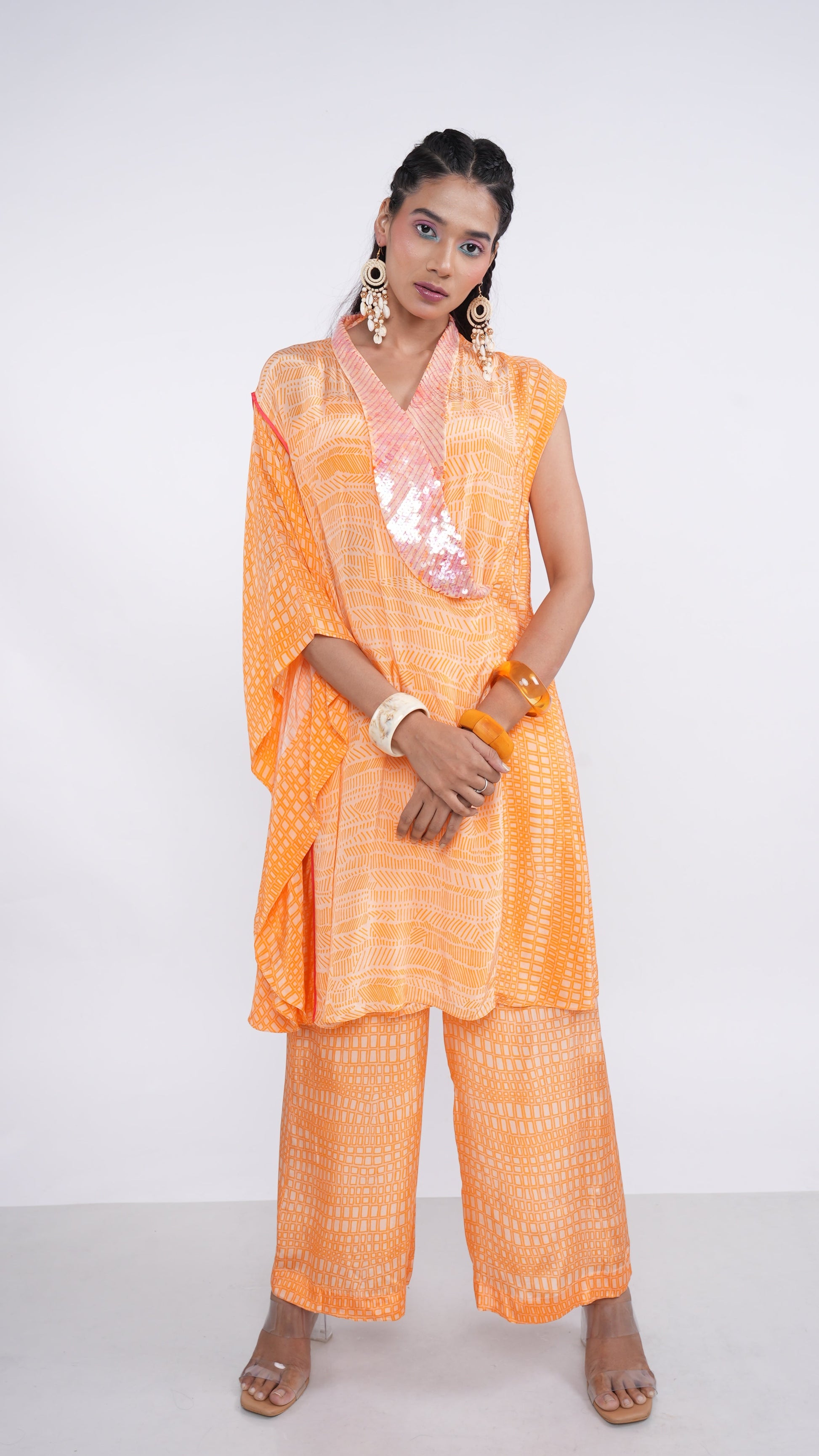 Radiant Orange Tangerine Crepe Iskra Kaftan & Wide Leg Pants Set