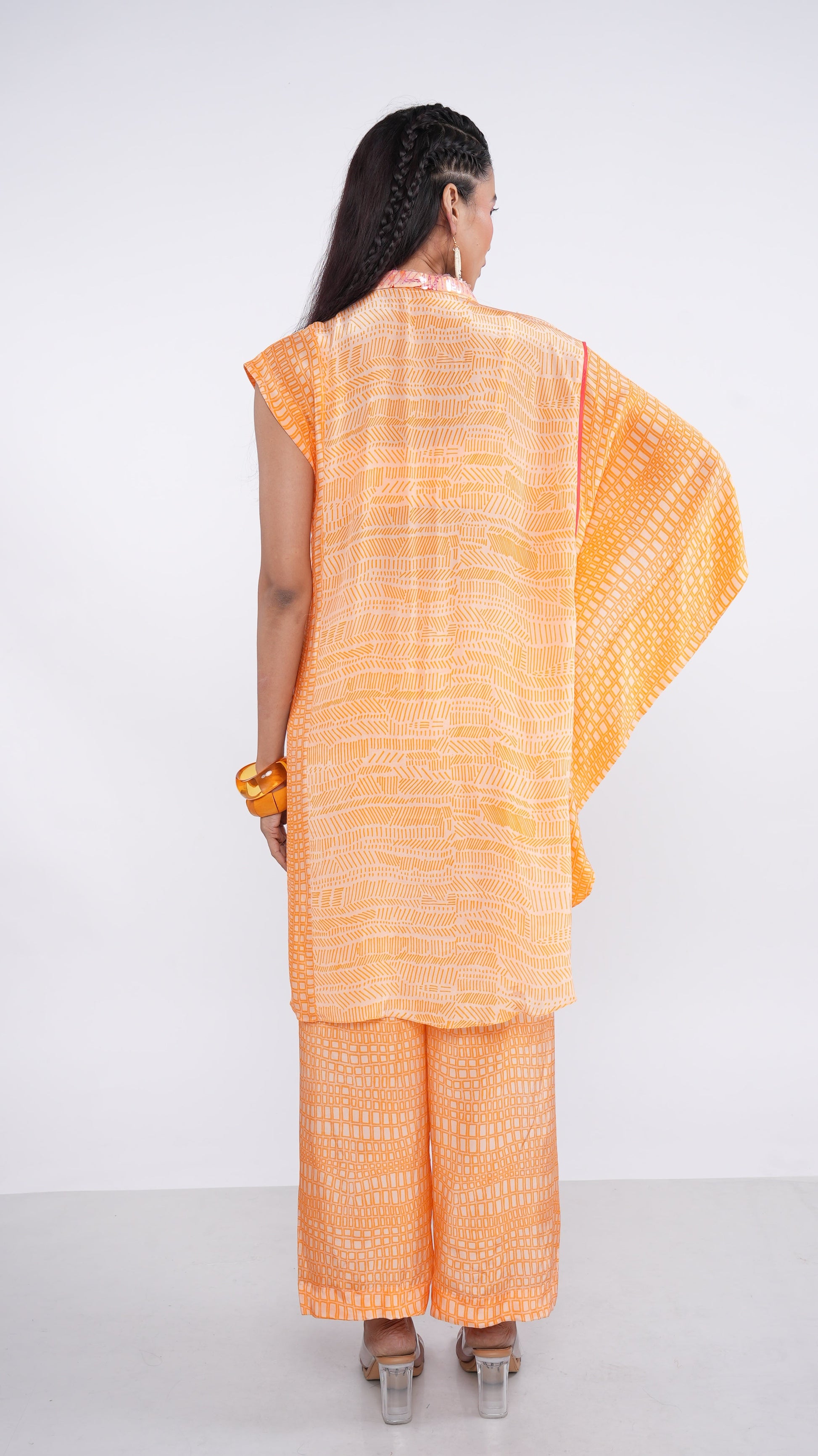 Radiant Orange Tangerine Crepe Iskra Kaftan & Wide Leg Pants Set