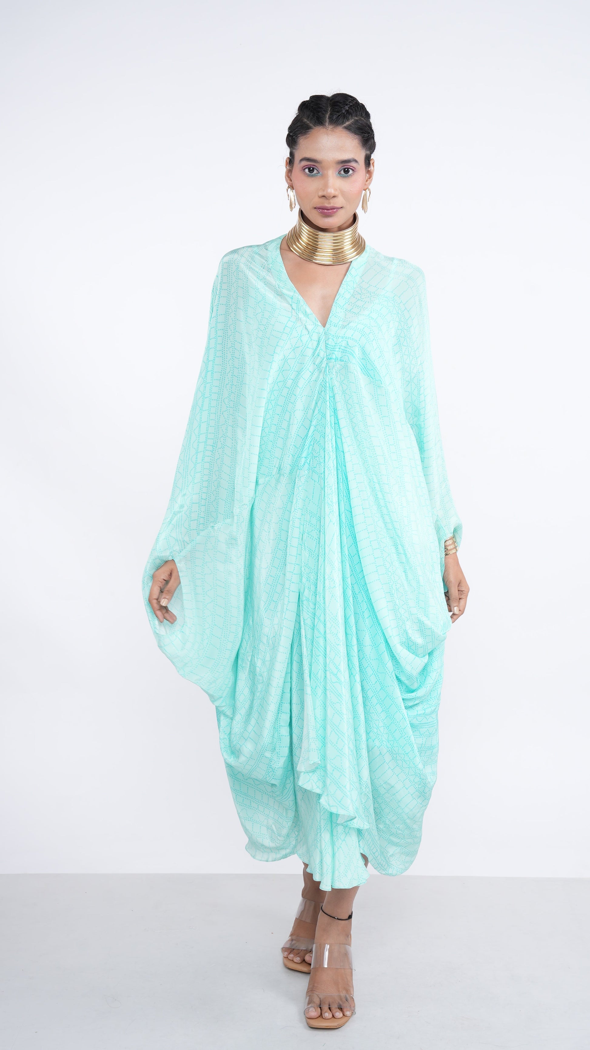 Fluid Blue Crepe Rieka Geometric Draped Kaftan V-Neck