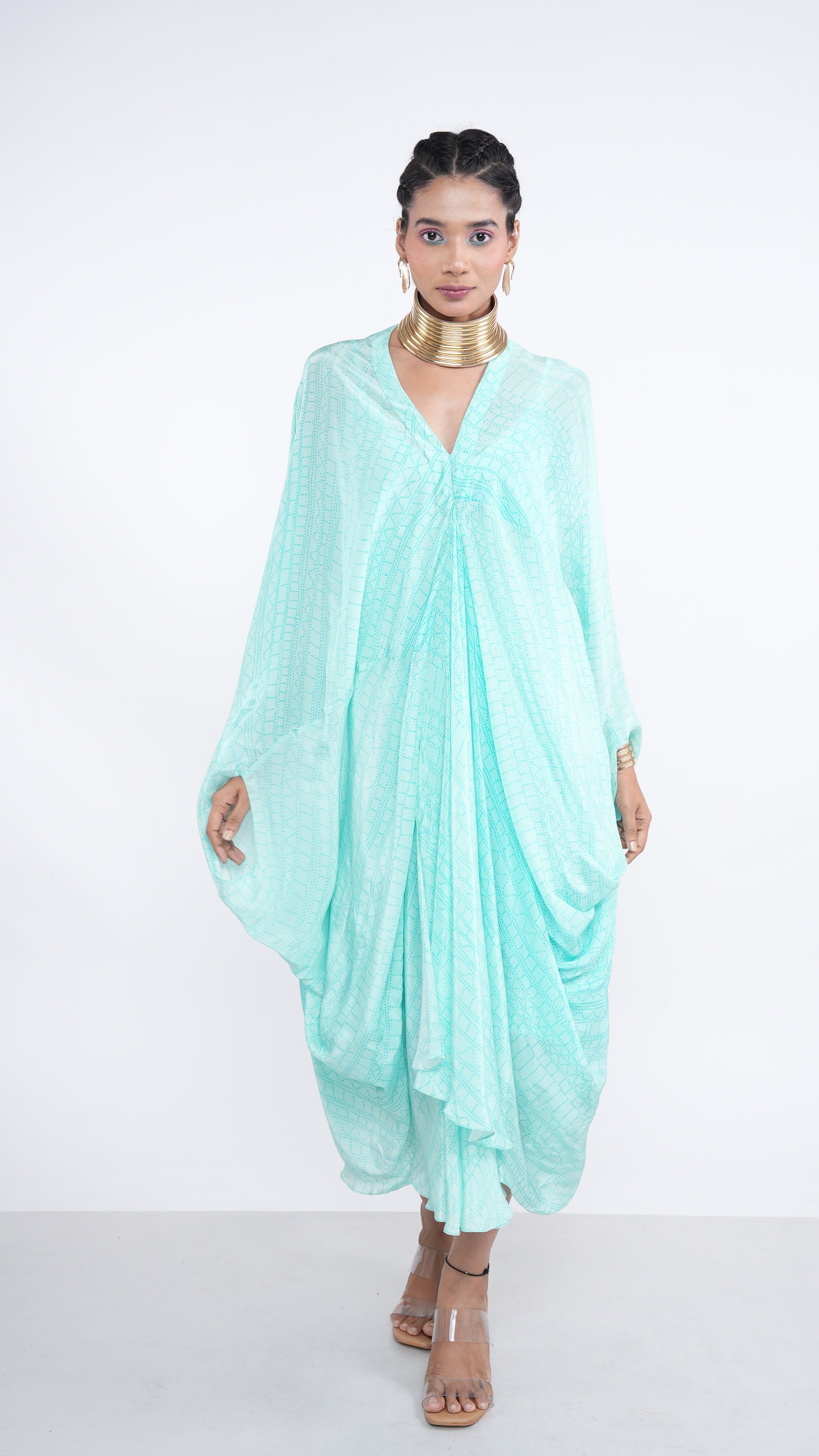 Fluid Blue Crepe Rieka Geometric Draped Kaftan V-Neck