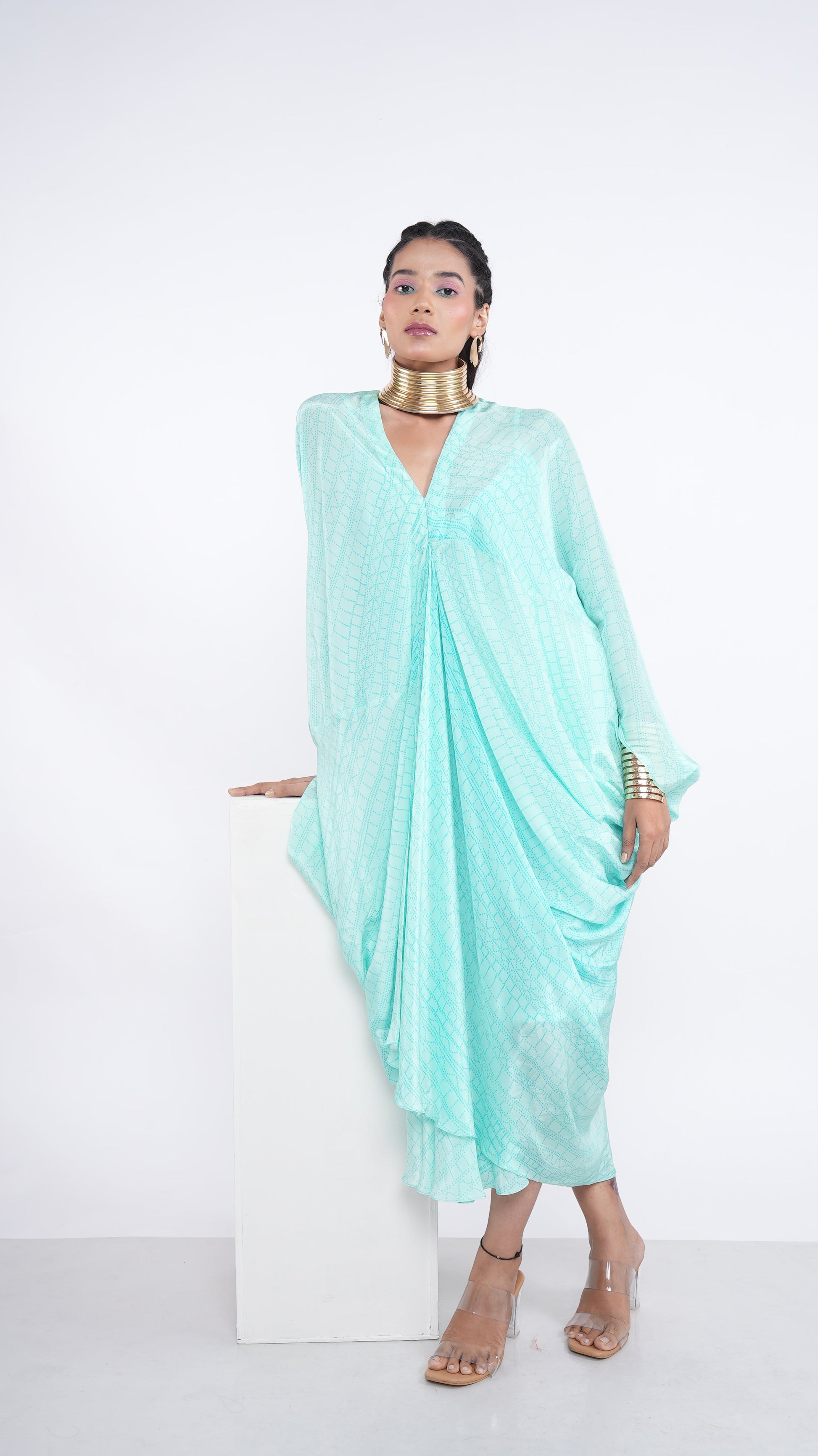Fluid Blue Crepe Rieka Geometric Draped Kaftan V-Neck