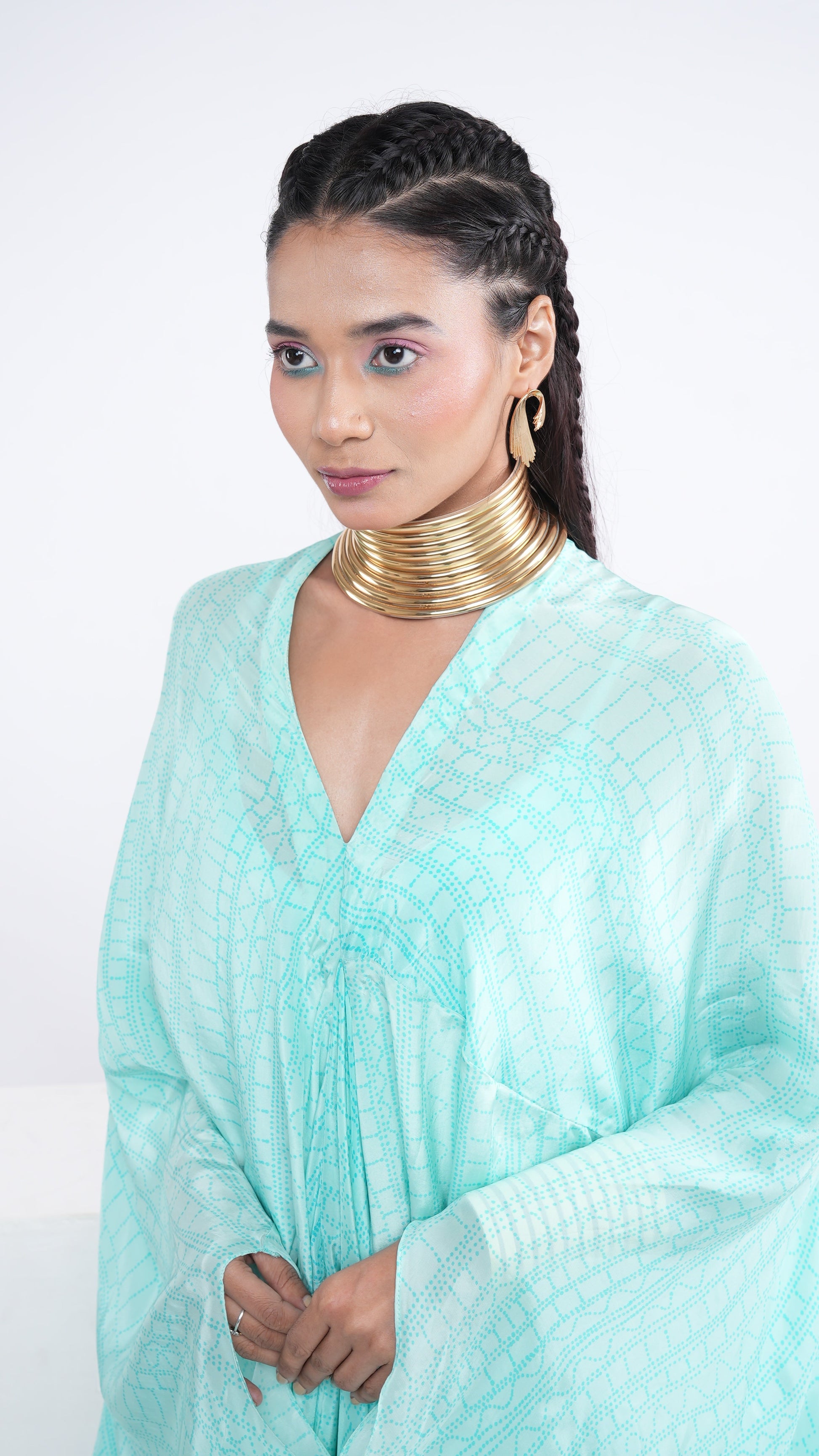 Fluid Blue Crepe Rieka Geometric Draped Kaftan V-Neck