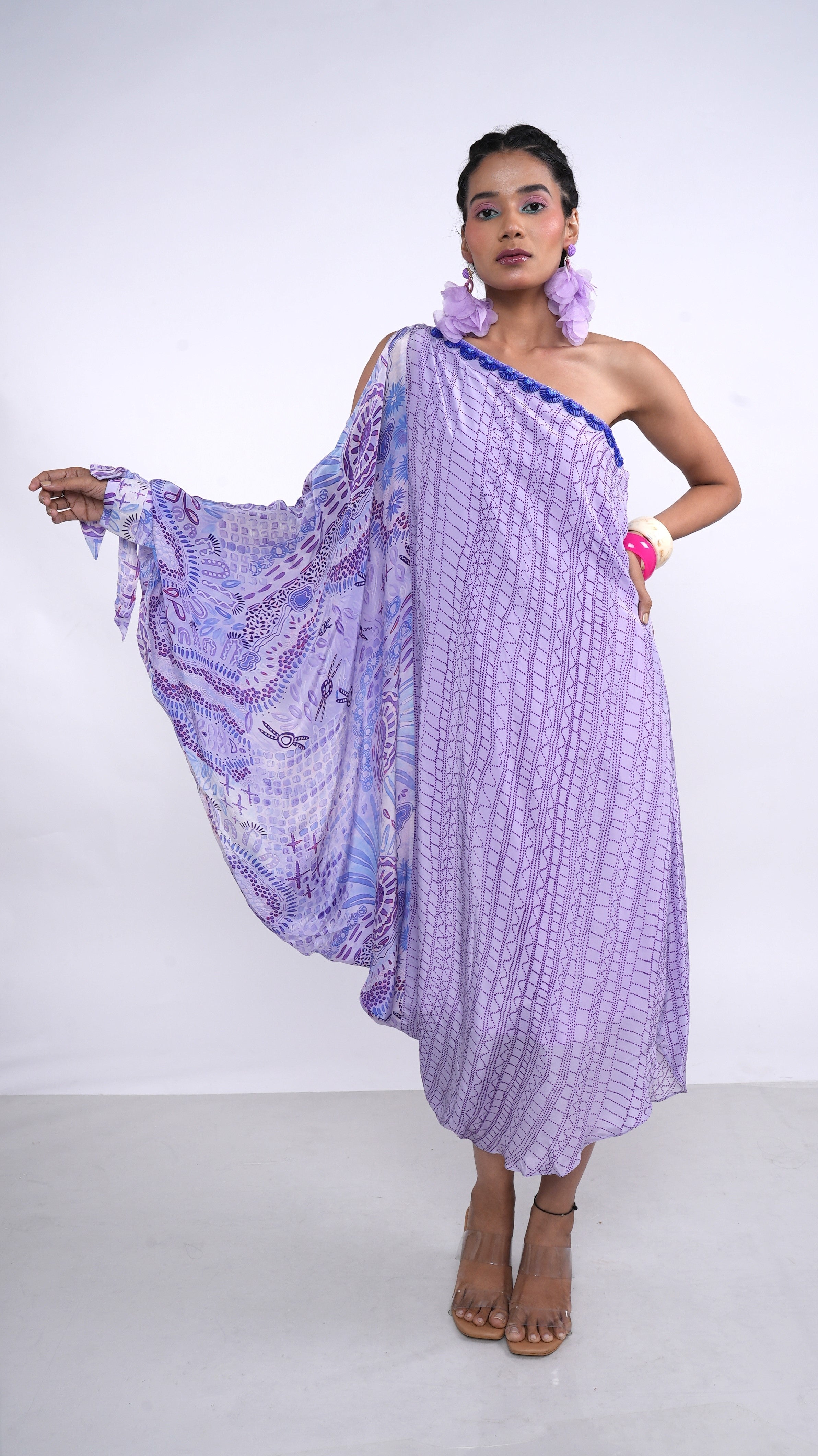 Ethereal Purple Lilac Crepe Essie One Shoulder Cowl Dress