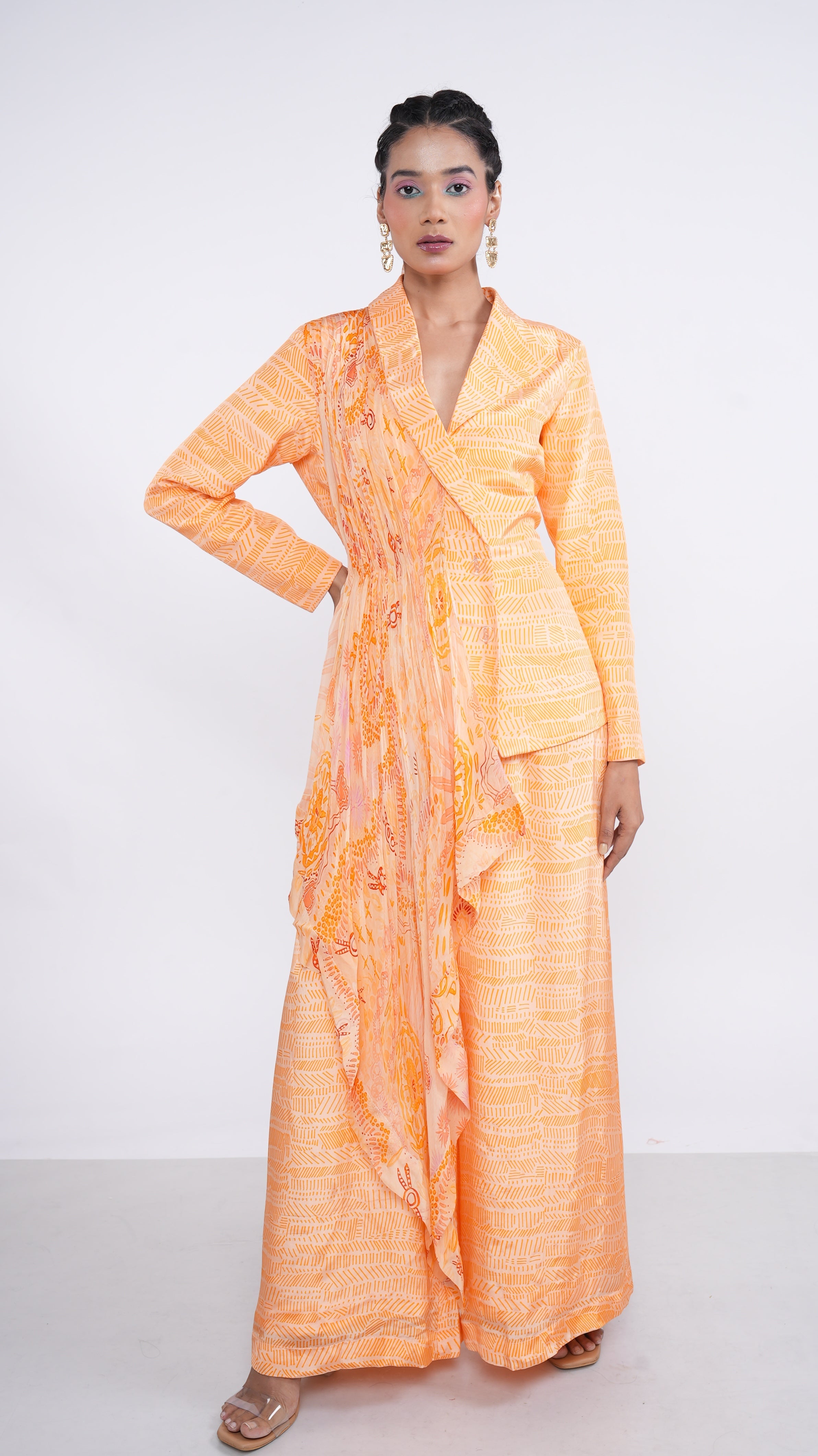 Power Orange Crepe Organza Nefeli Drape Blazer & Palazzo Set
