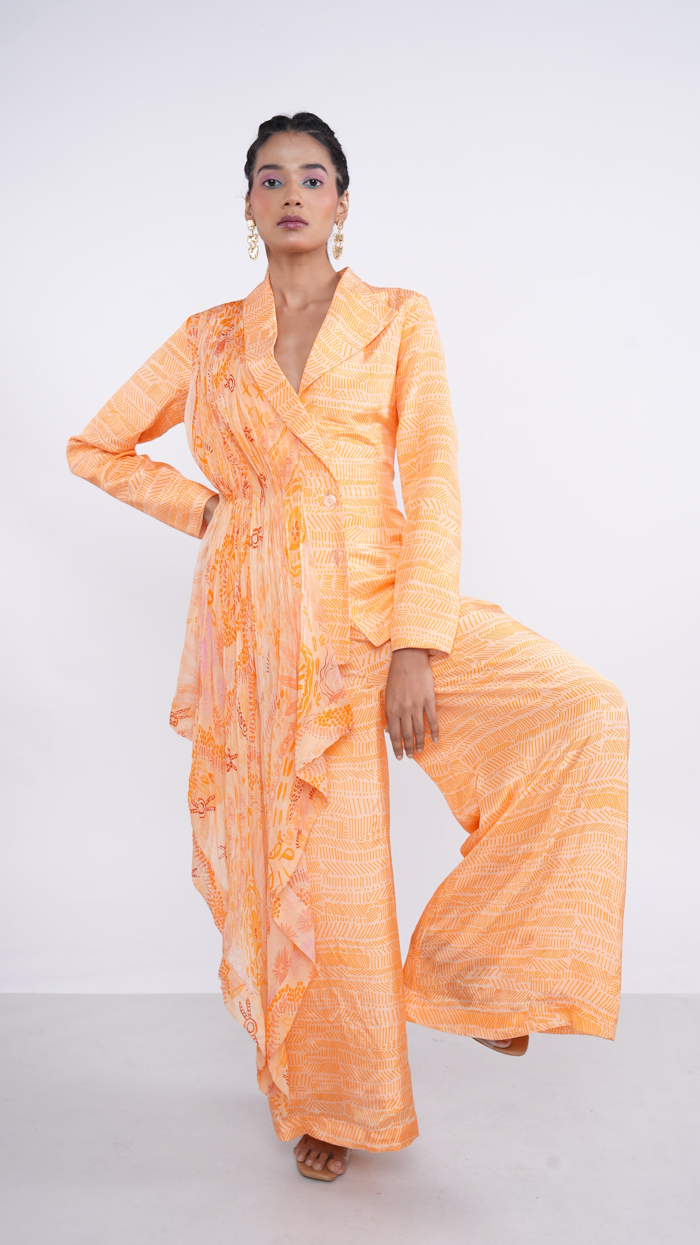 Power Orange Crepe Organza Nefeli Drape Blazer & Palazzo Set