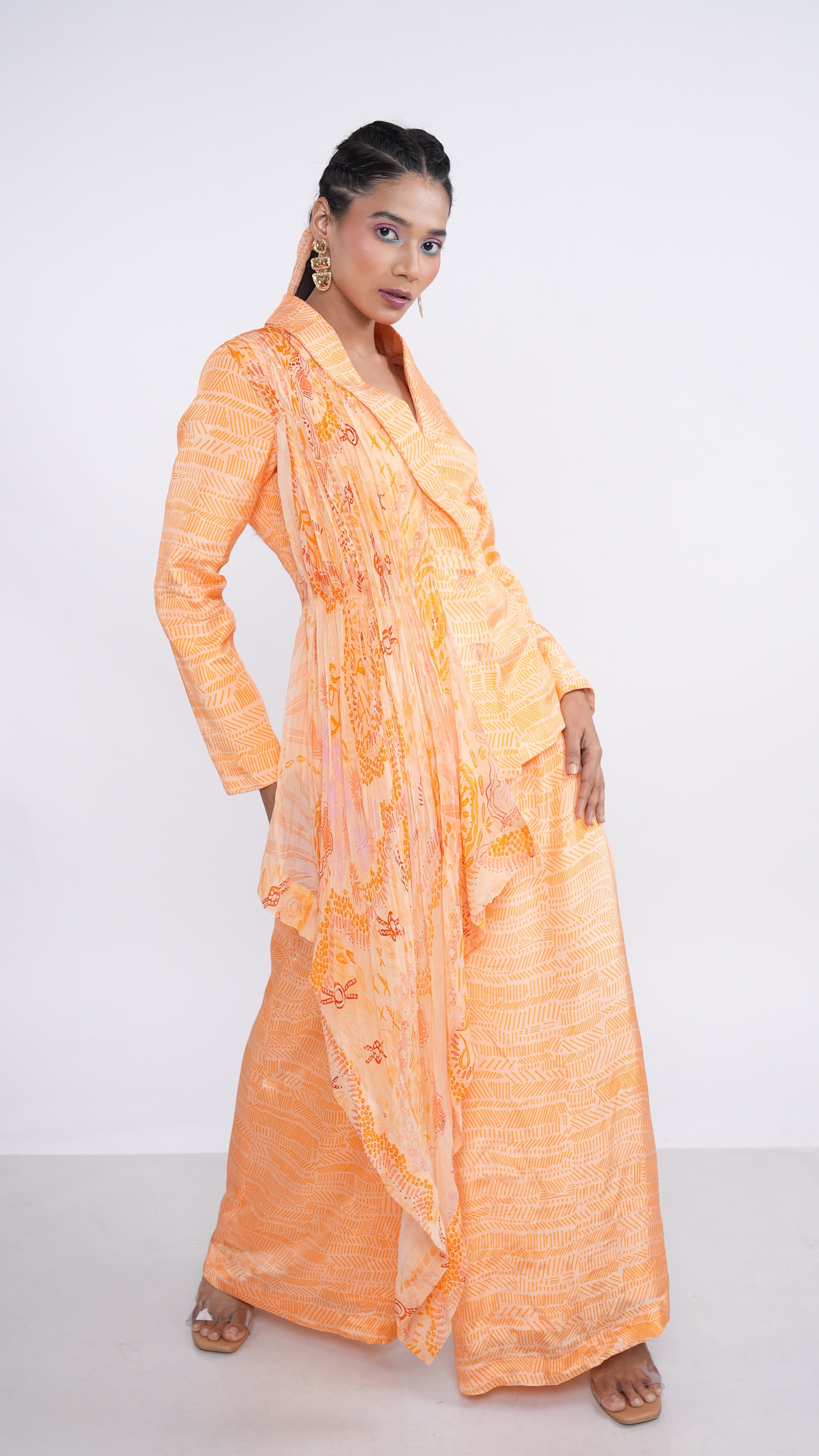 Power Orange Crepe Organza Nefeli Drape Blazer & Palazzo Set