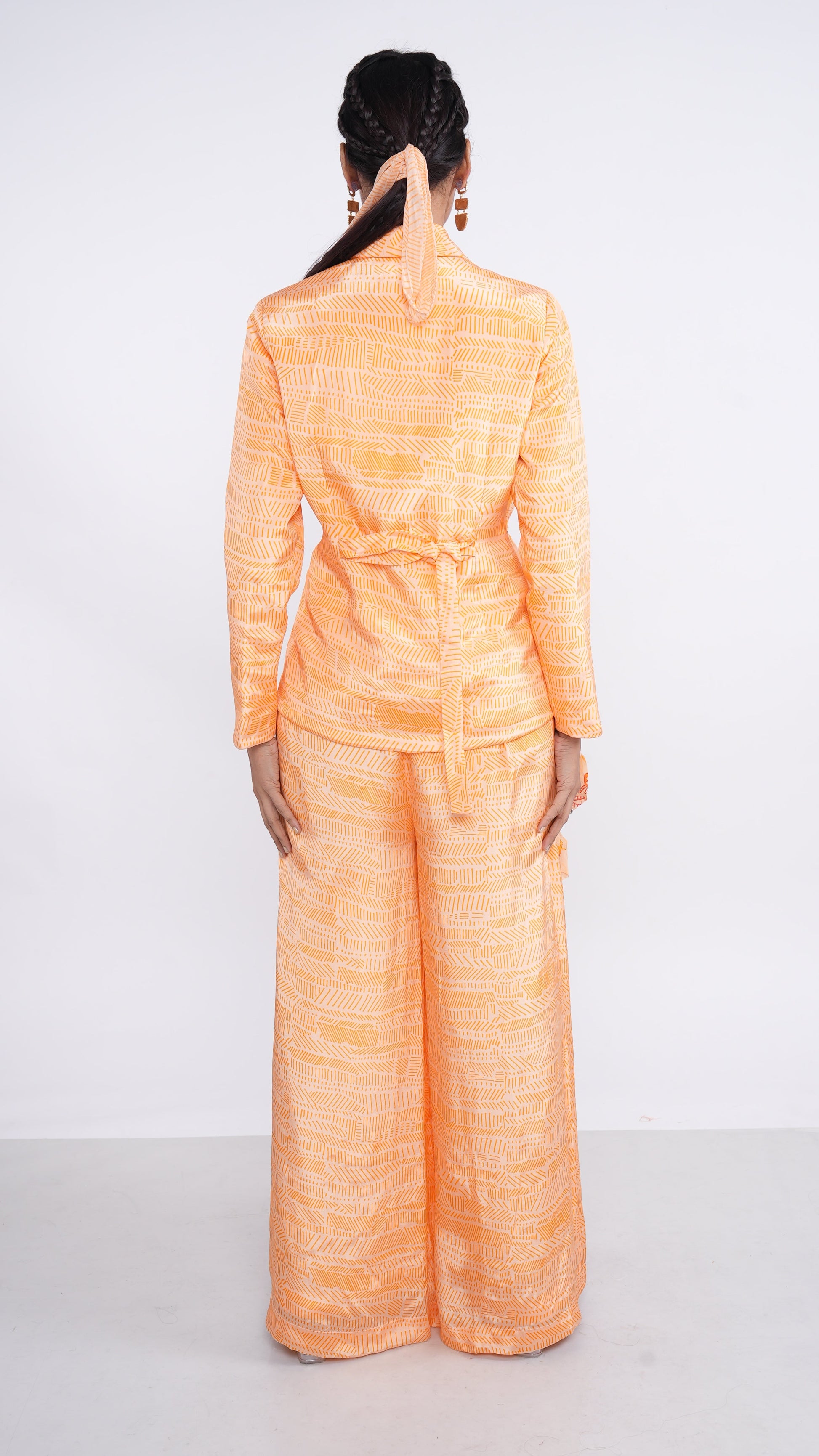 Power Orange Crepe Organza Nefeli Drape Blazer & Palazzo Set