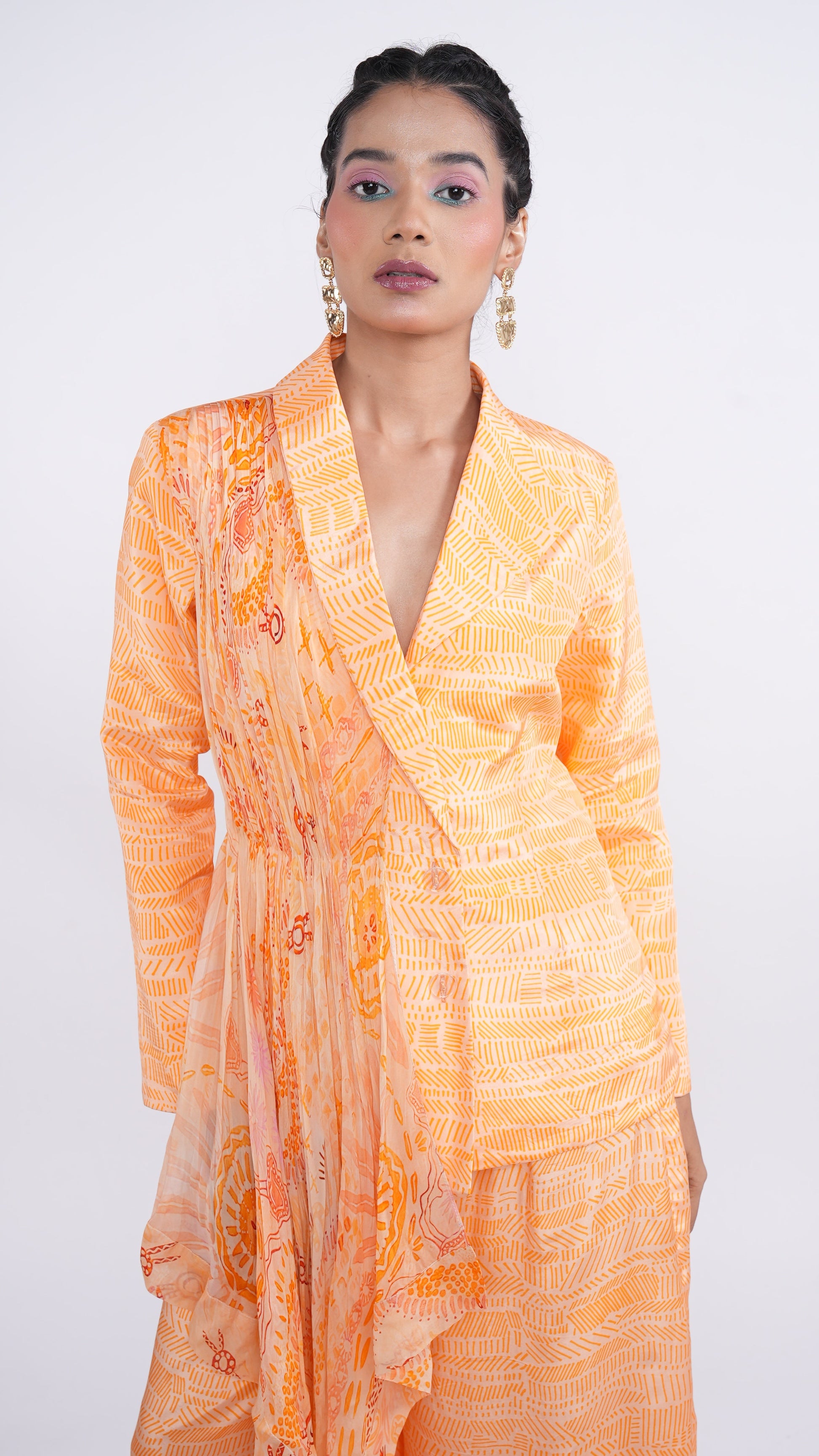 Power Orange Crepe Organza Nefeli Drape Blazer & Palazzo Set