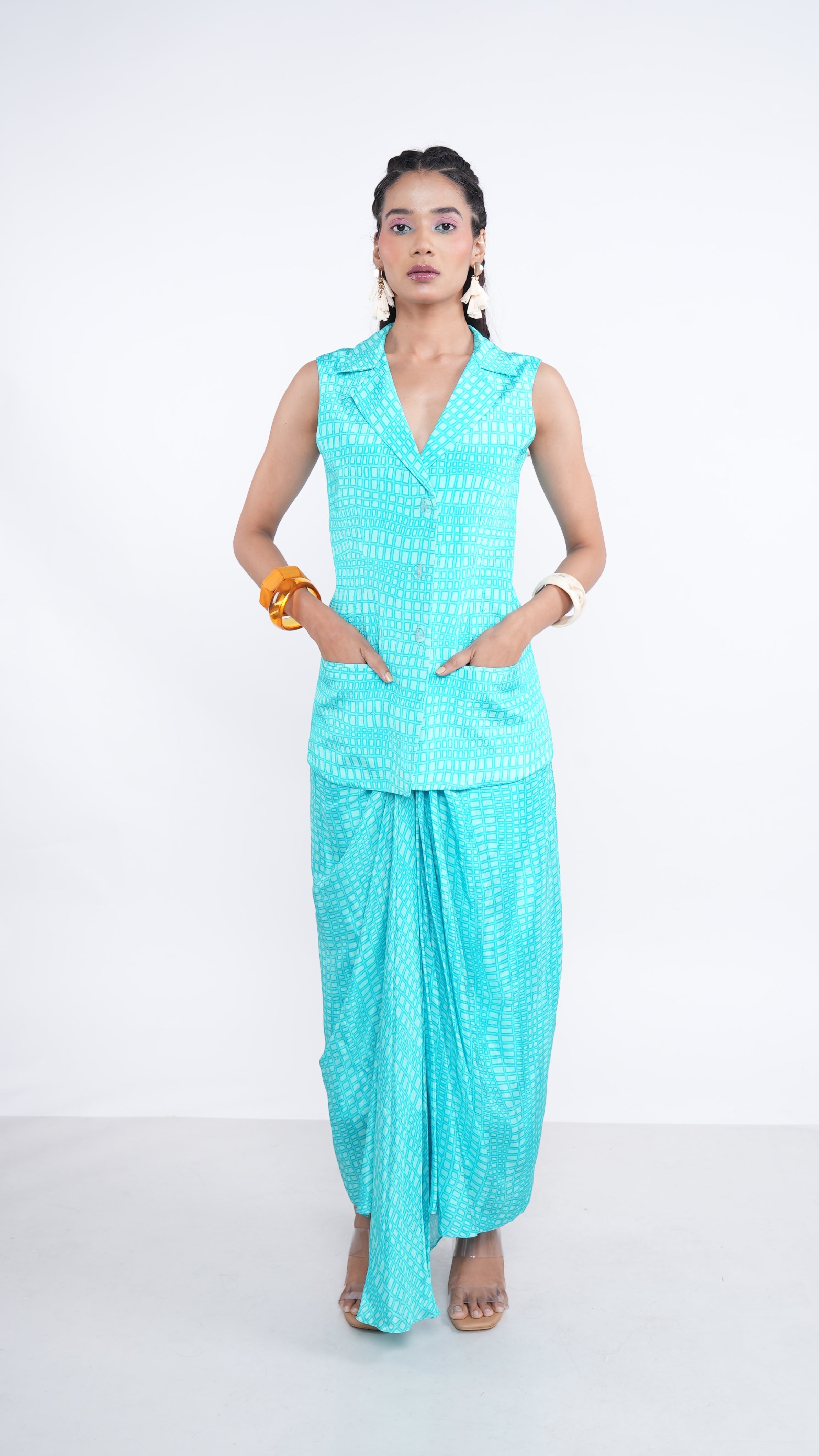 Contemporary Blue Aqua Crepe Nyrah Sleeveless Blazer & Draped Skirt
