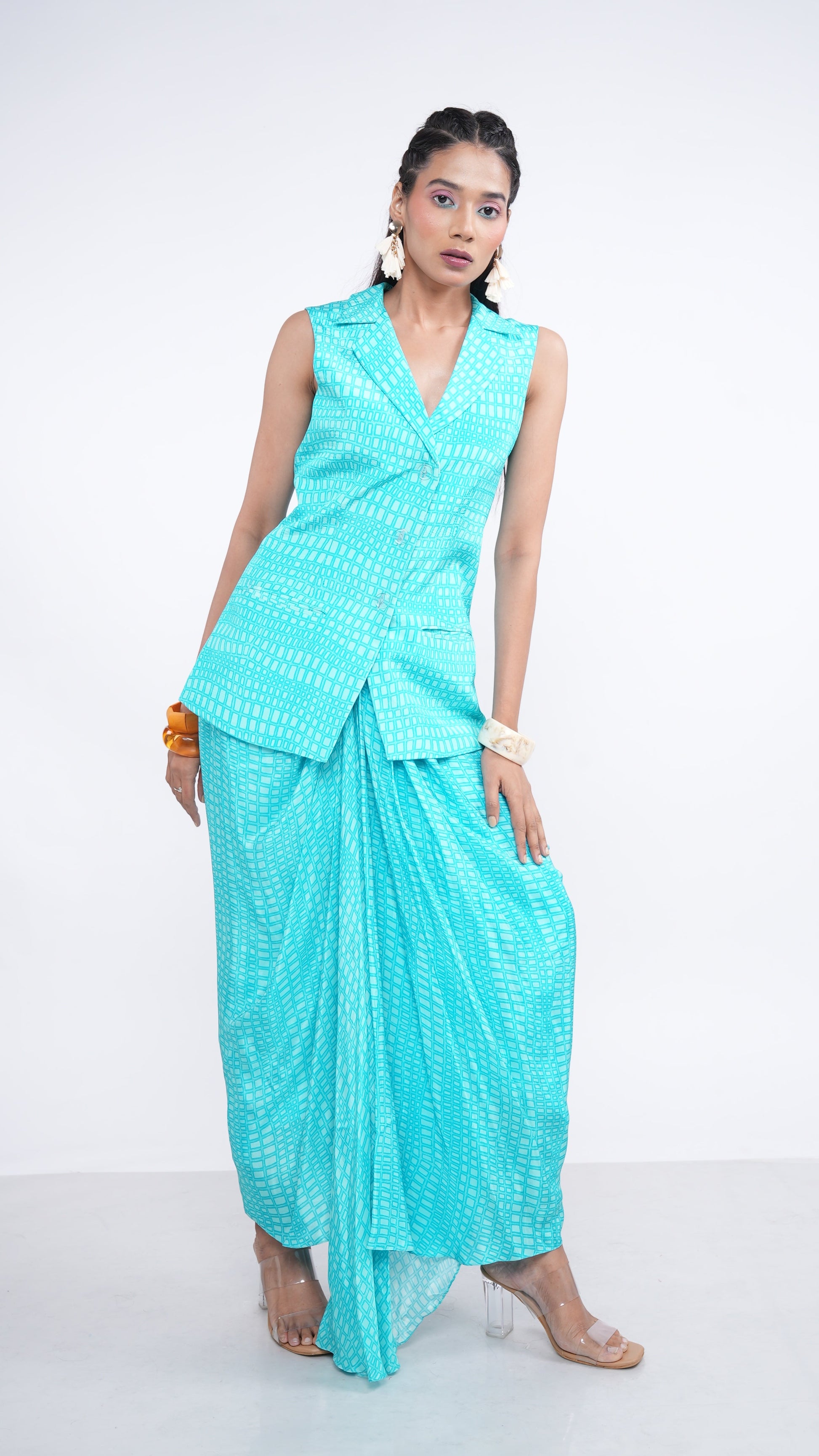 Contemporary Blue Aqua Crepe Nyrah Sleeveless Blazer & Draped Skirt