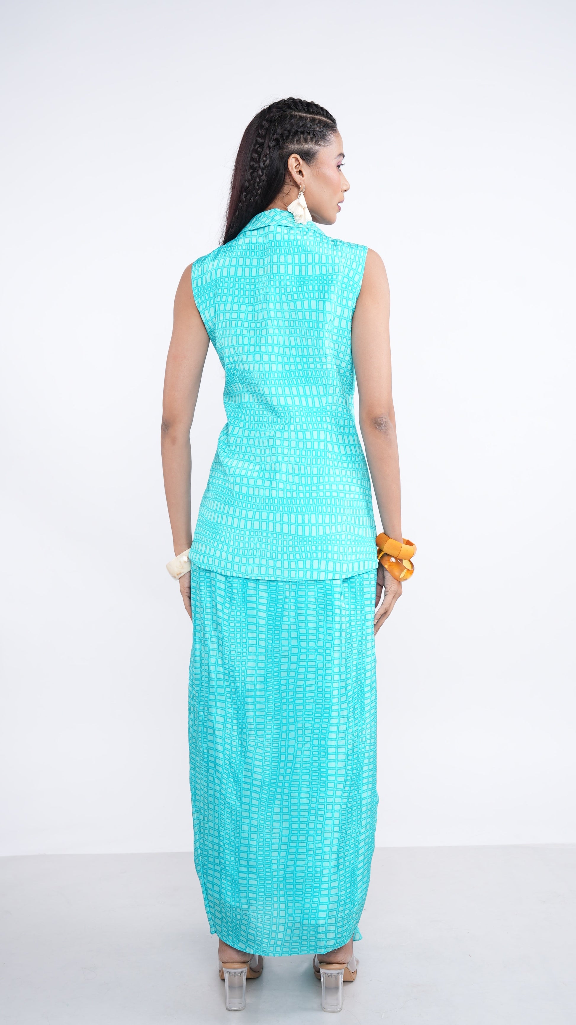 Contemporary Blue Aqua Crepe Nyrah Sleeveless Blazer & Draped Skirt