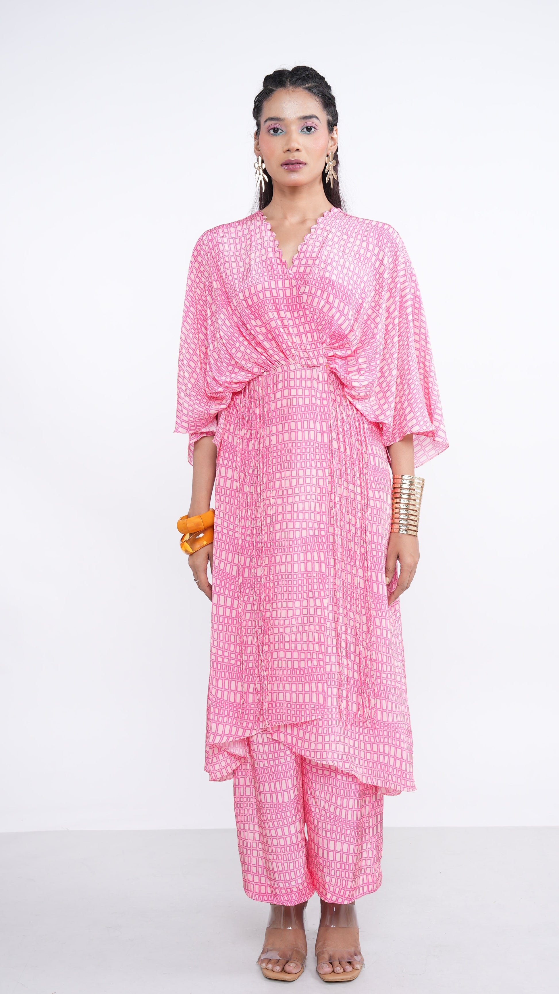 Chic Pink Crepe Rhea Kaftan Kurta & Straight Pants Set