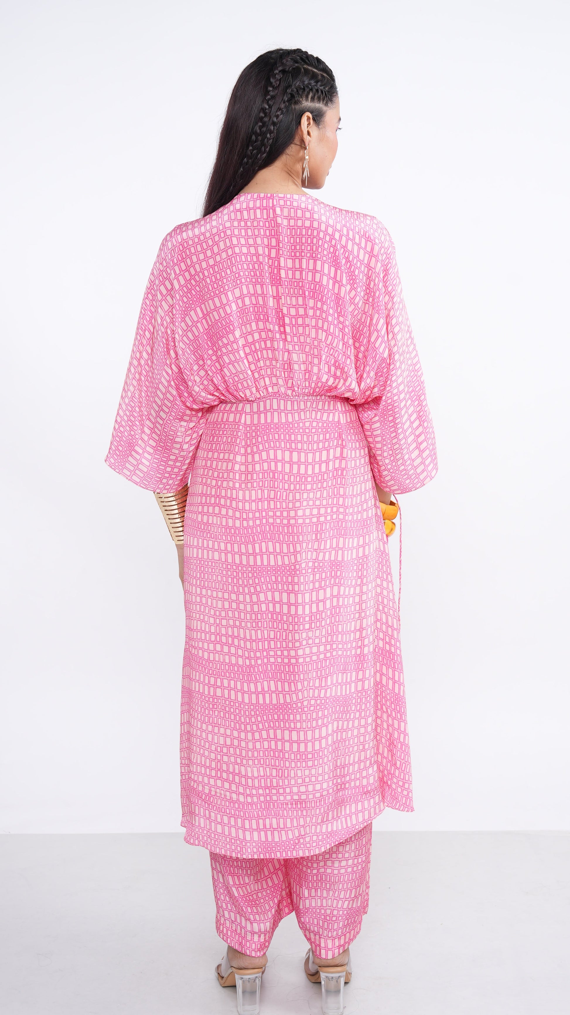 Chic Pink Crepe Rhea Kaftan Kurta & Straight Pants Set