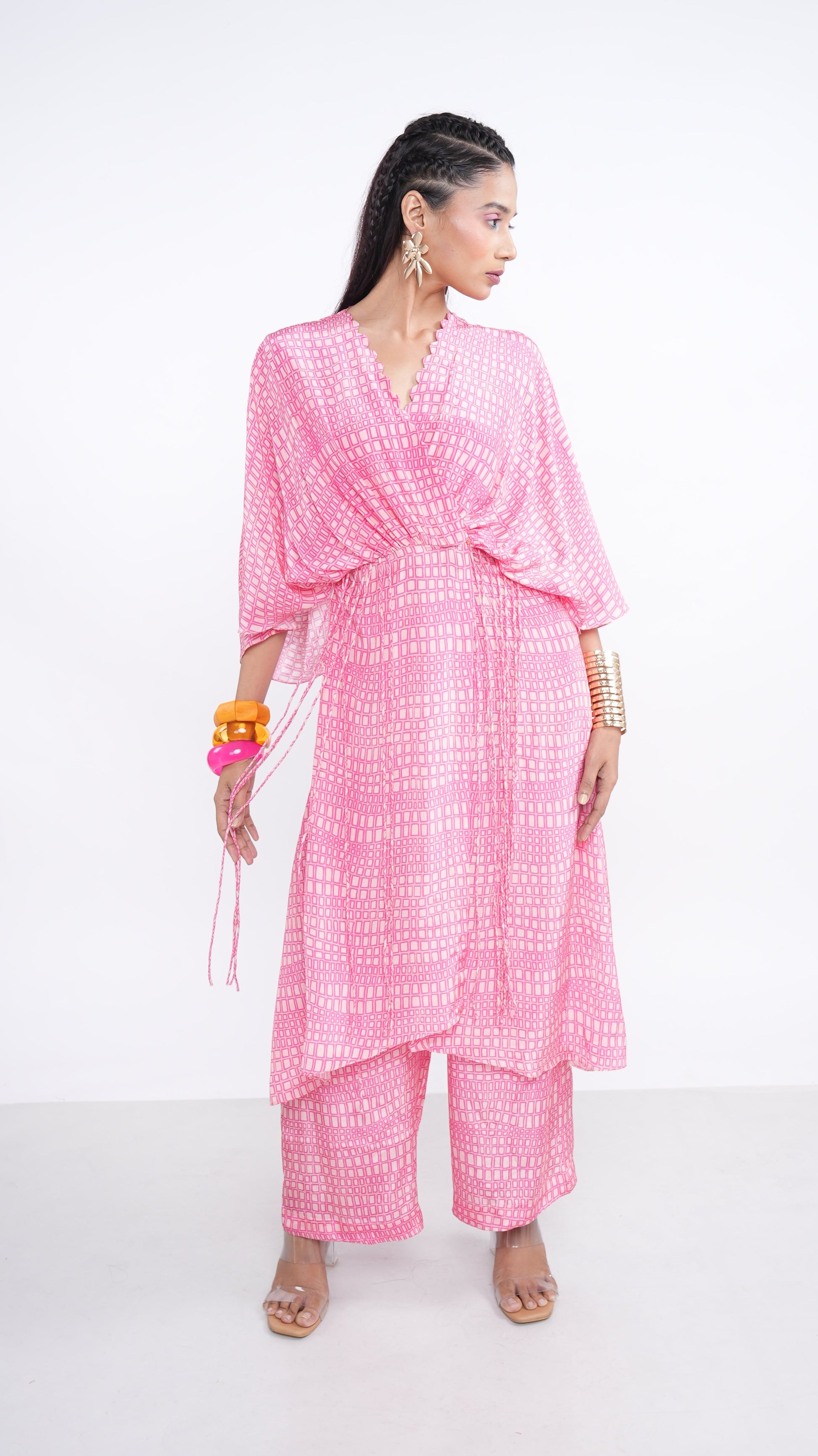 Chic Pink Crepe Rhea Kaftan Kurta & Straight Pants Set
