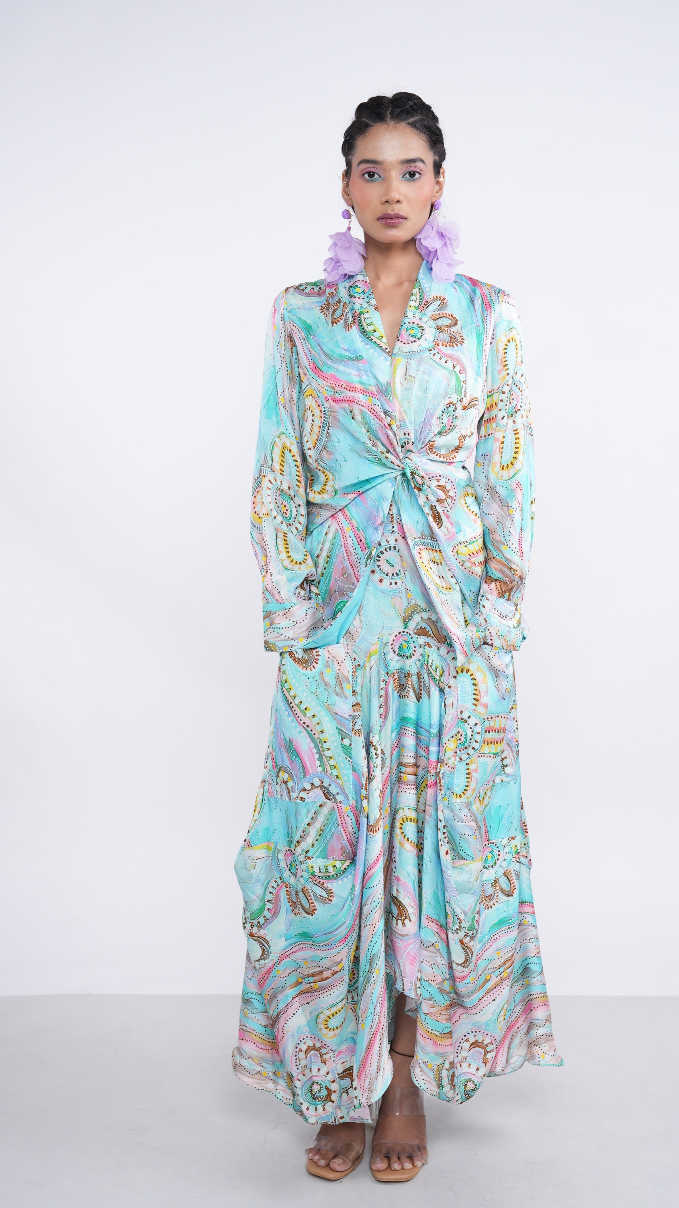 Boho Blue Satin Senka Knotted Top & Draped Skirt Set