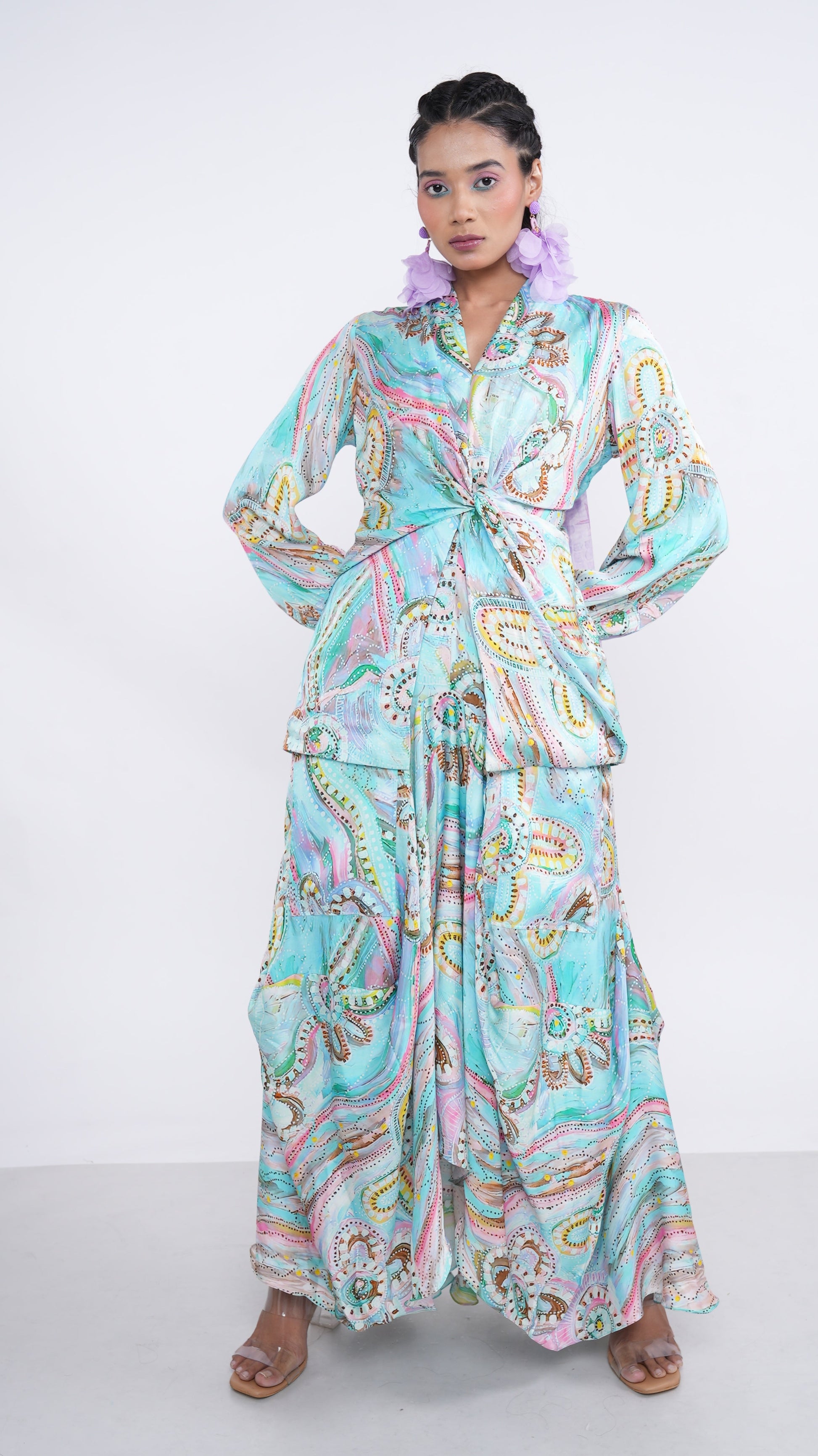 Boho Blue Satin Senka Knotted Top & Draped Skirt Set