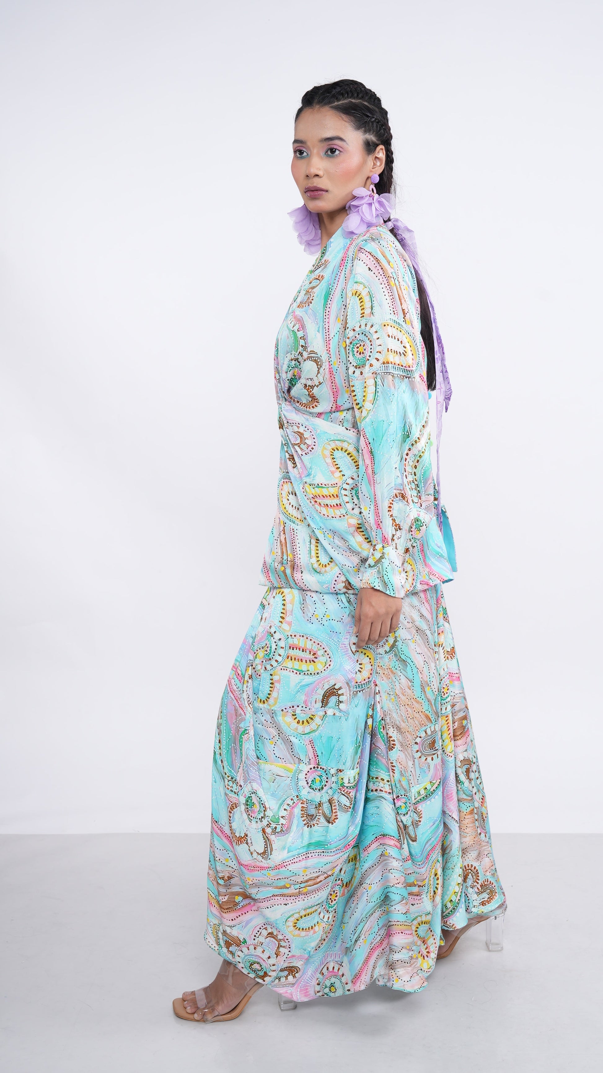 Boho Blue Satin Senka Knotted Top & Draped Skirt Set