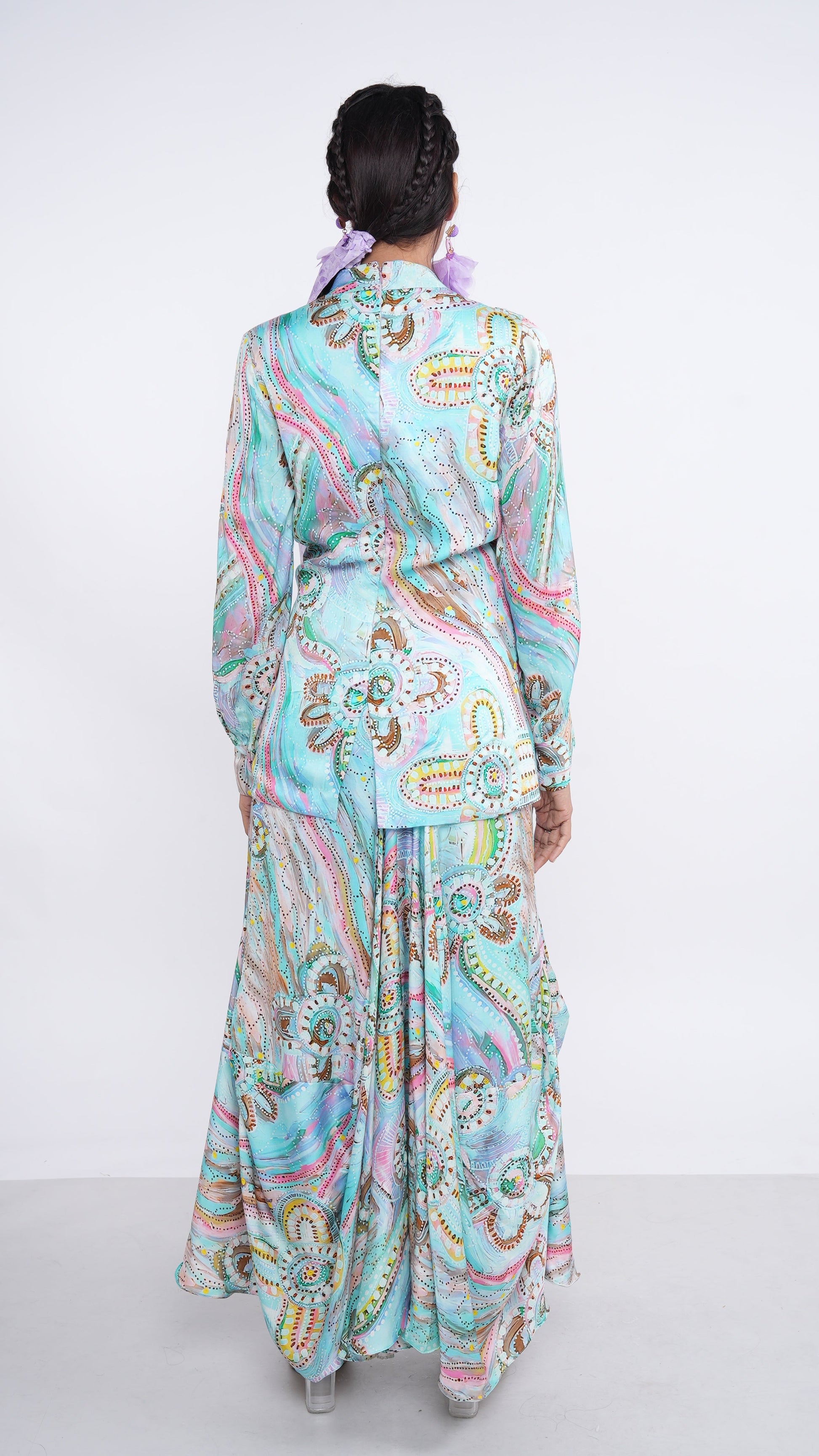 Boho Blue Satin Senka Knotted Top & Draped Skirt Set